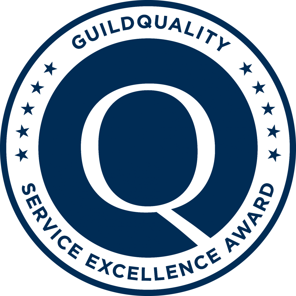 A circular logo with a large letter 'Q' in the center. The outer ring reads 'GUILDQUALITY' at the top and 'SERVICE EXCELLENCE AWARD' at the bottom, with small stars separating the phrases.