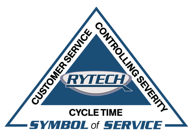 Triangular logo with the words 'Customer Service,' 'Controlling Severity,' and 'Cycle Time' around the edges, a central blue triangle with 'RYTECH' in the middle, and the phrase 'Symbol of Service' at the bottom.