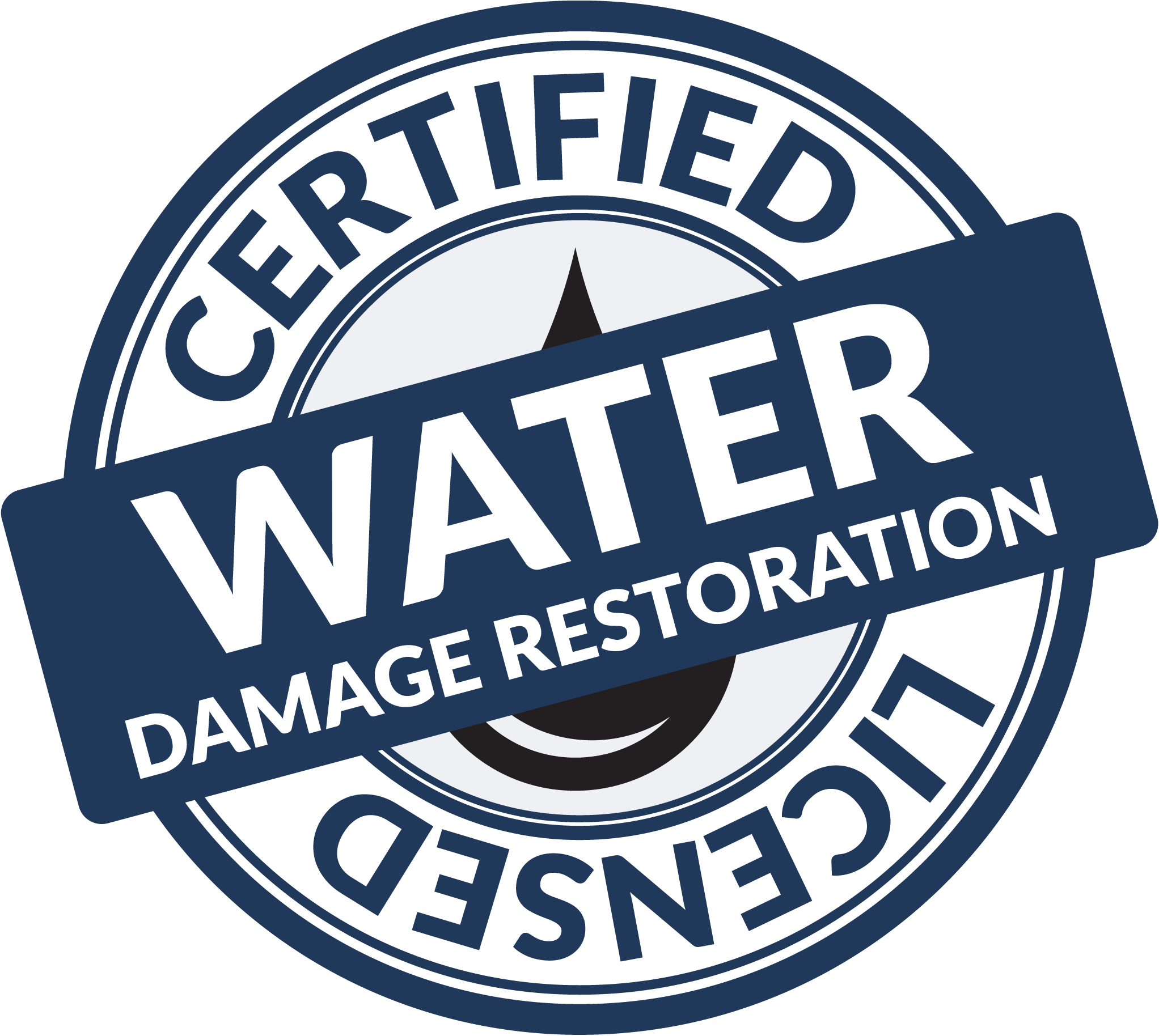 A circular sticker with blue and white colors that reads 'CERTIFIED WATER DAMAGE RESTORATION' in a bold font.