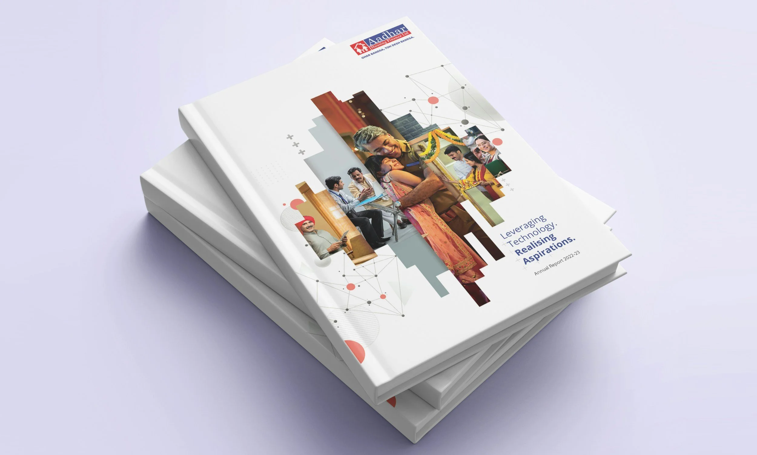 Cover of an annual report titled "Leveraging Technology. Realising Aspirations." with a collage of diverse people, including a woman in traditional attire and a man in a military uniform, on a light purple background.