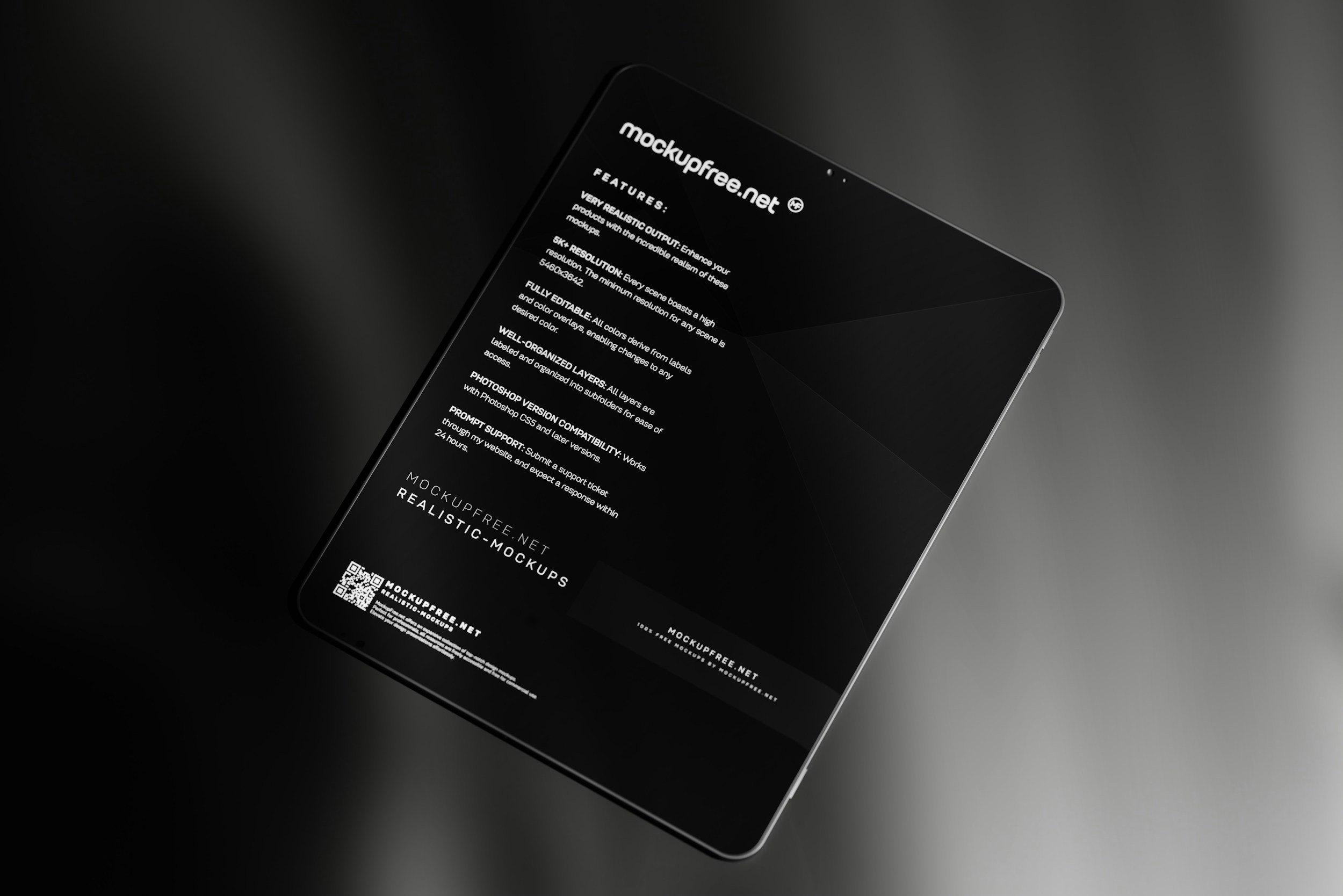 A black tablet displaying mockup text on a dark background, tilted to the right, with a QR code in the bottom left corner.
