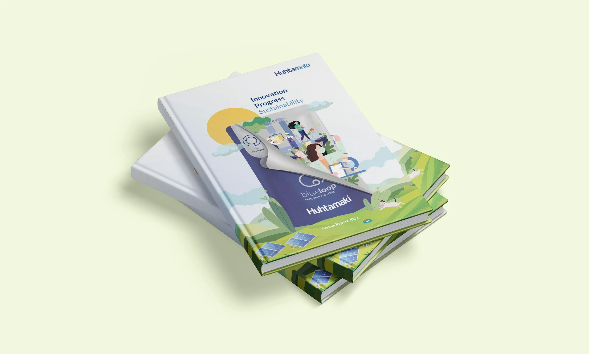 Two stacked reports with eco-friendly and sustainability themes, featuring illustrations of solar panels, nature, and people engaging in environmental activities on their covers.