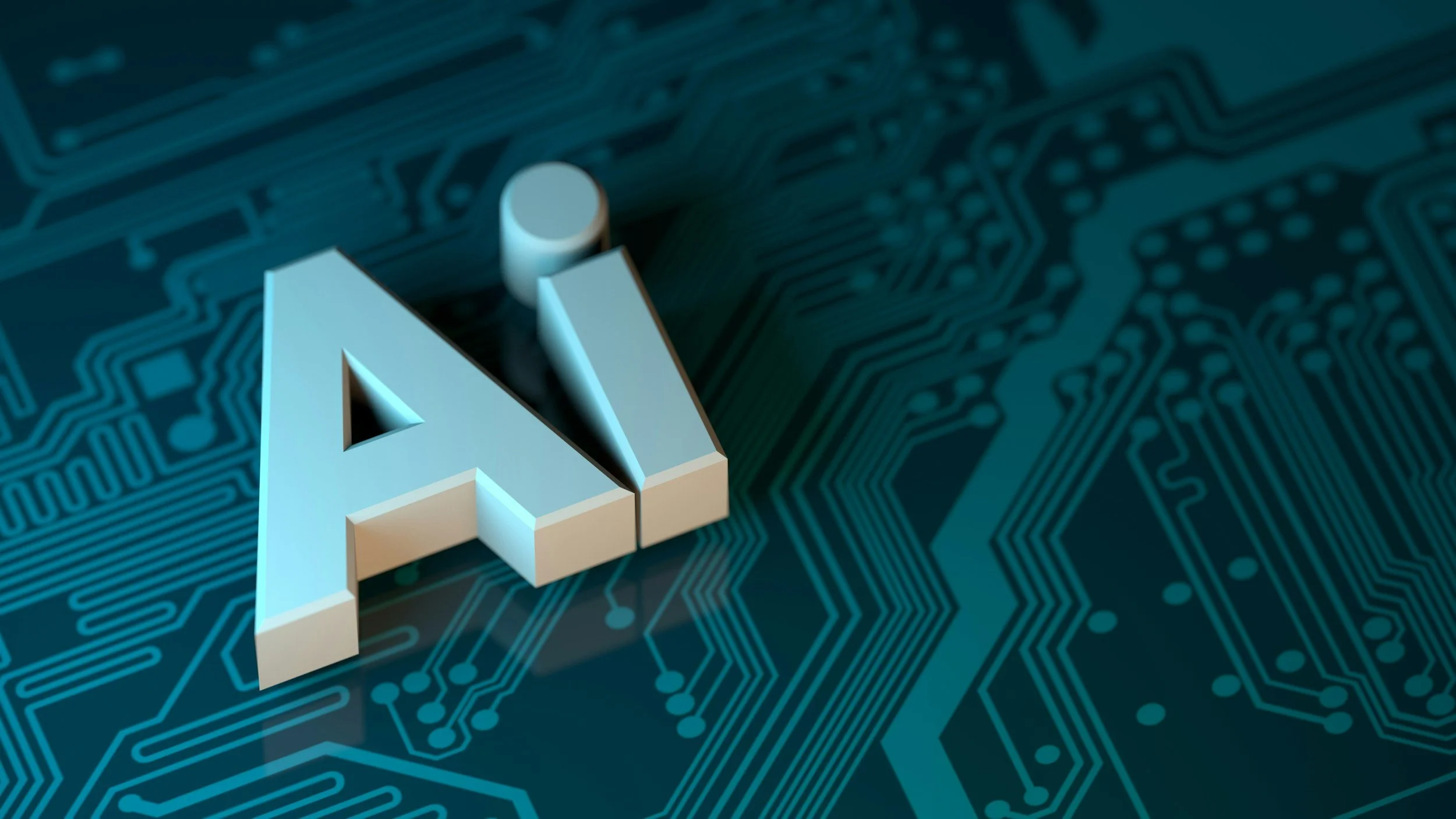 Digital illustration of the letter A and I on a circuit board background, representing artificial intelligence.