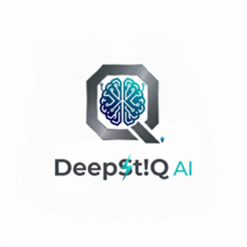 Logo of Deep IQ AI featuring a stylized brain inside a magnifying glass with a metallic border, and the text "Deep IQ AI" below it.