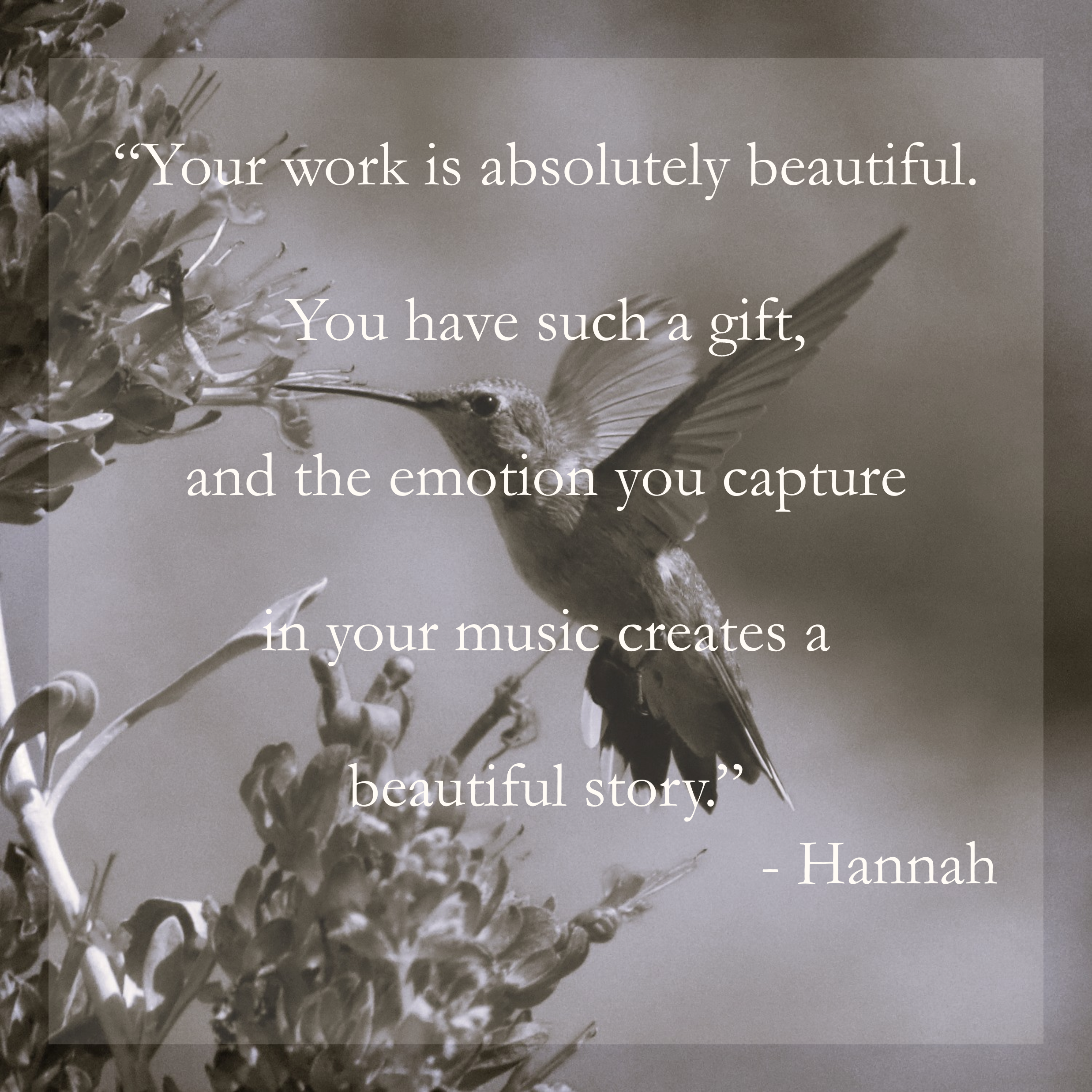 Your work is absolutely beautiful. You have such a gift, and the emotion you capture in your music creates a beautiful story. - Hannah