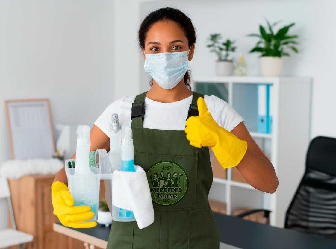 Woman wearing a face mask, yellow gloves, and a green apron giving a thumbs up while holding cleaning supplies in an office.