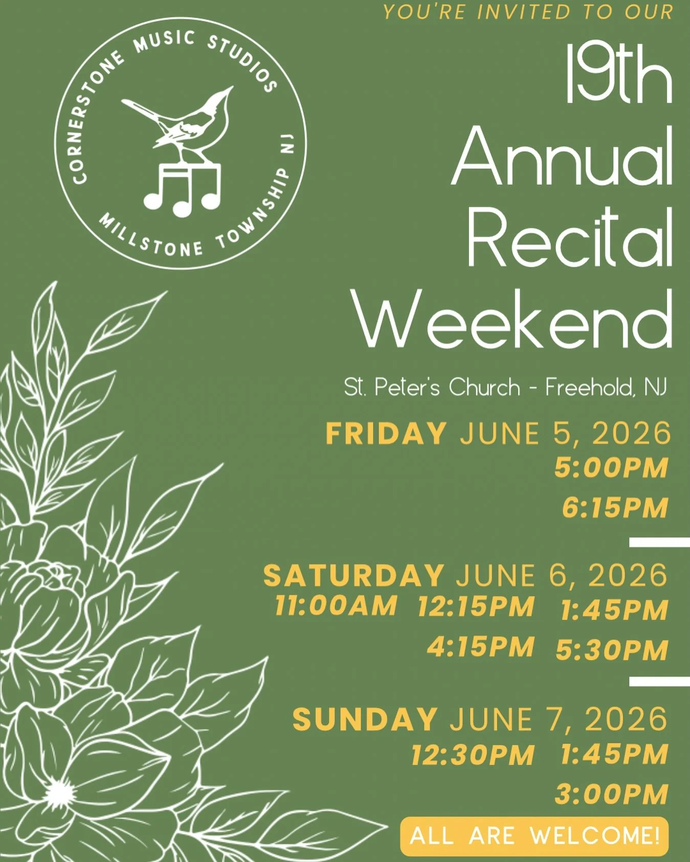 🎶 Our 19th Annual Recital is here! 🎶

Join us as we celebrate a year of growth, dedication, and unforgettable music from the students of Cornerstone Music Studios.

We are so proud of everything our performers have accomplished and can&rsquo;t wait