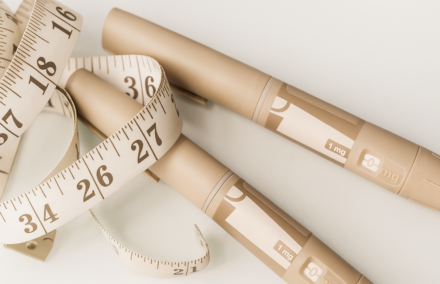 Two beige insulin pens with measurement markings and a white measuring tape with black numbers and lines, coiled around them on a white surface.
