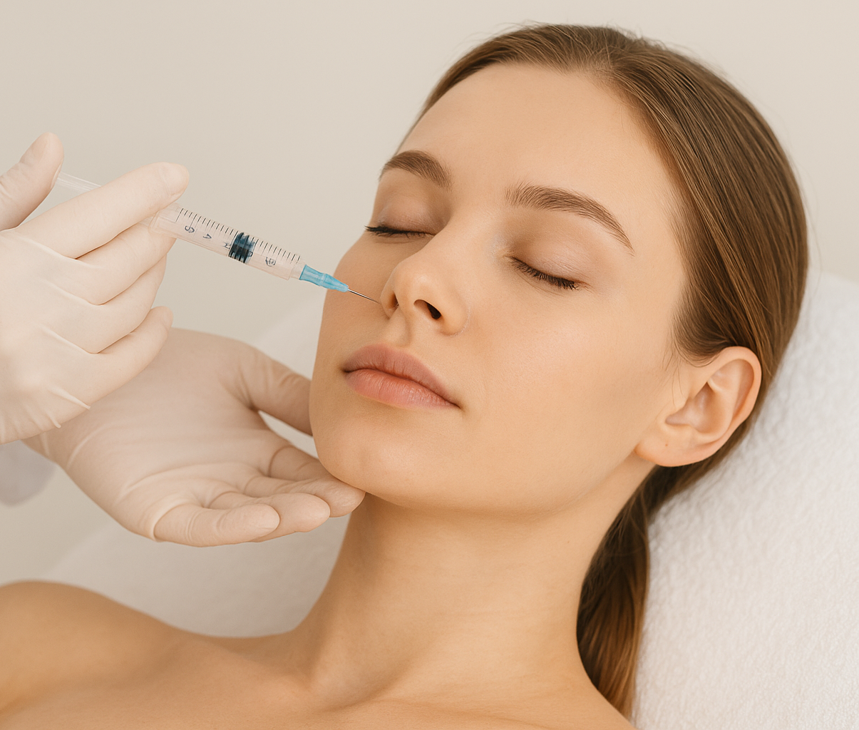 A woman receiving a cosmetic injectable treatment in her nose from a healthcare professional wearing gloves in a clinical setting.