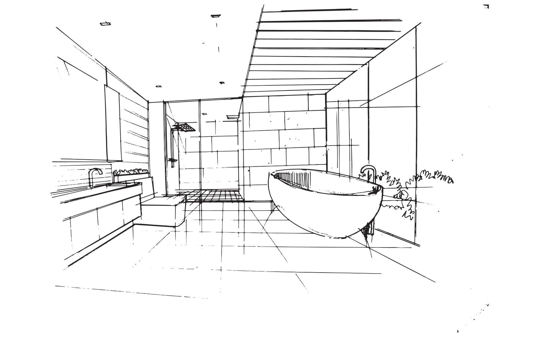 A sketch of a modern bathroom with a bathtub, a shower area, a vanity with two sinks, and plants outside the window.