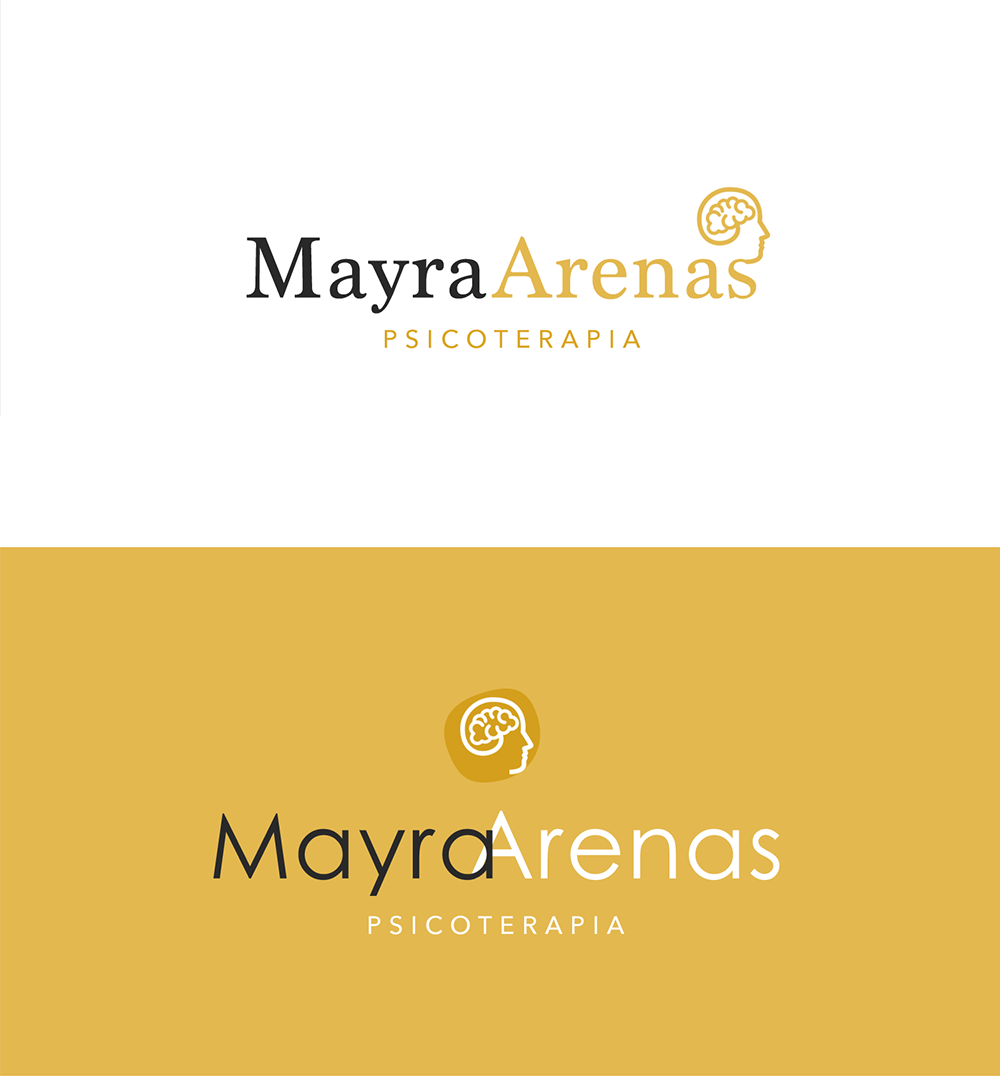Logo for Mayra Arenas Psicoterapia, featuring a stylized human head with a brain outline, presented in two color variations with white and tan backgrounds.