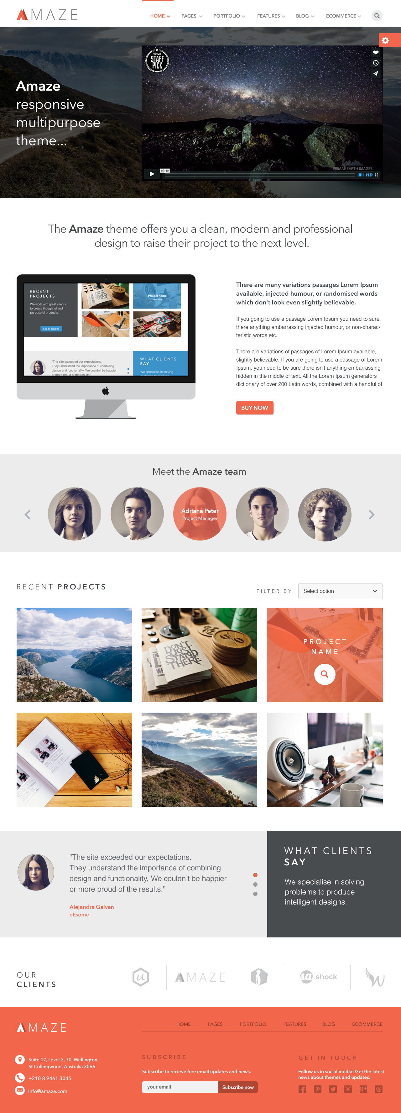 Screenshot of a website homepage for a responsive multipurpose theme named Amaze, featuring a large header image of the Milky Way galaxy over mountains, a video player, a section with project images and a team introduction, recent projects with image