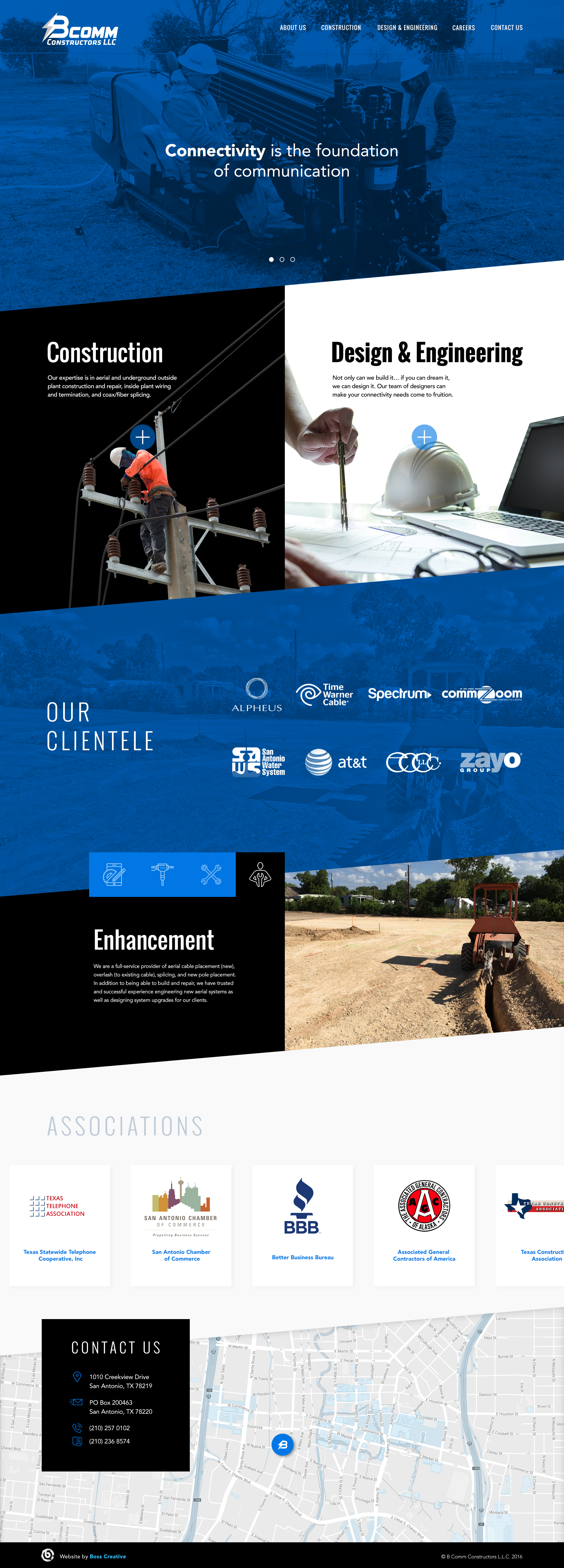 Screenshot of BCOMM Constructors LLC website showcasing construction and engineering services, client logos, and contact information.