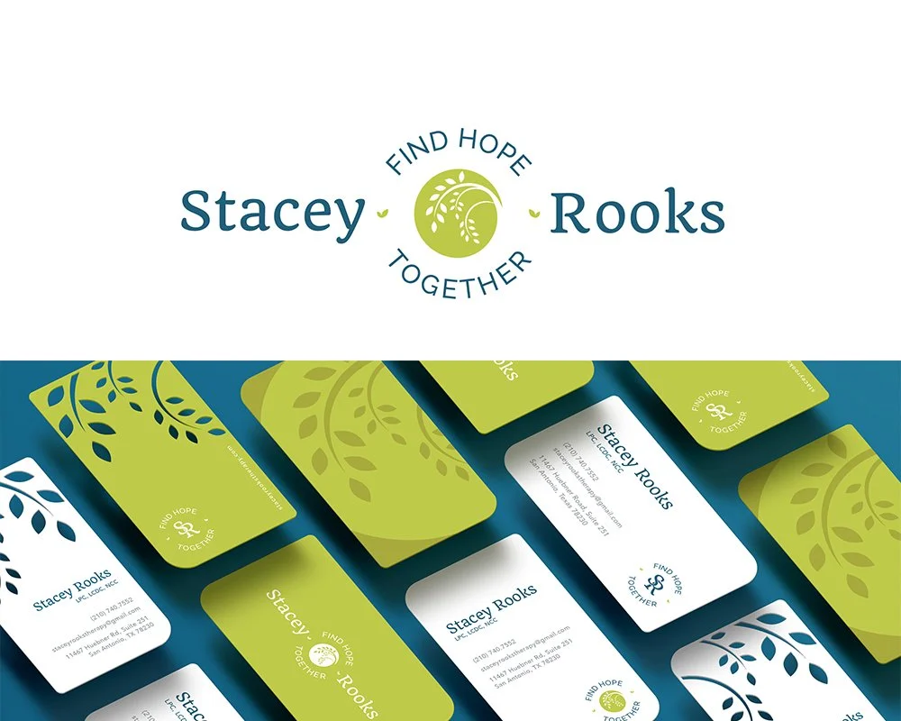 Business branding image for Stacey Rooks, featuring a logo with a leaf design and the words "Find Hope Together". Below the logo, there are several business cards with matching branding in blue, green, and white, displaying contact information and logo.