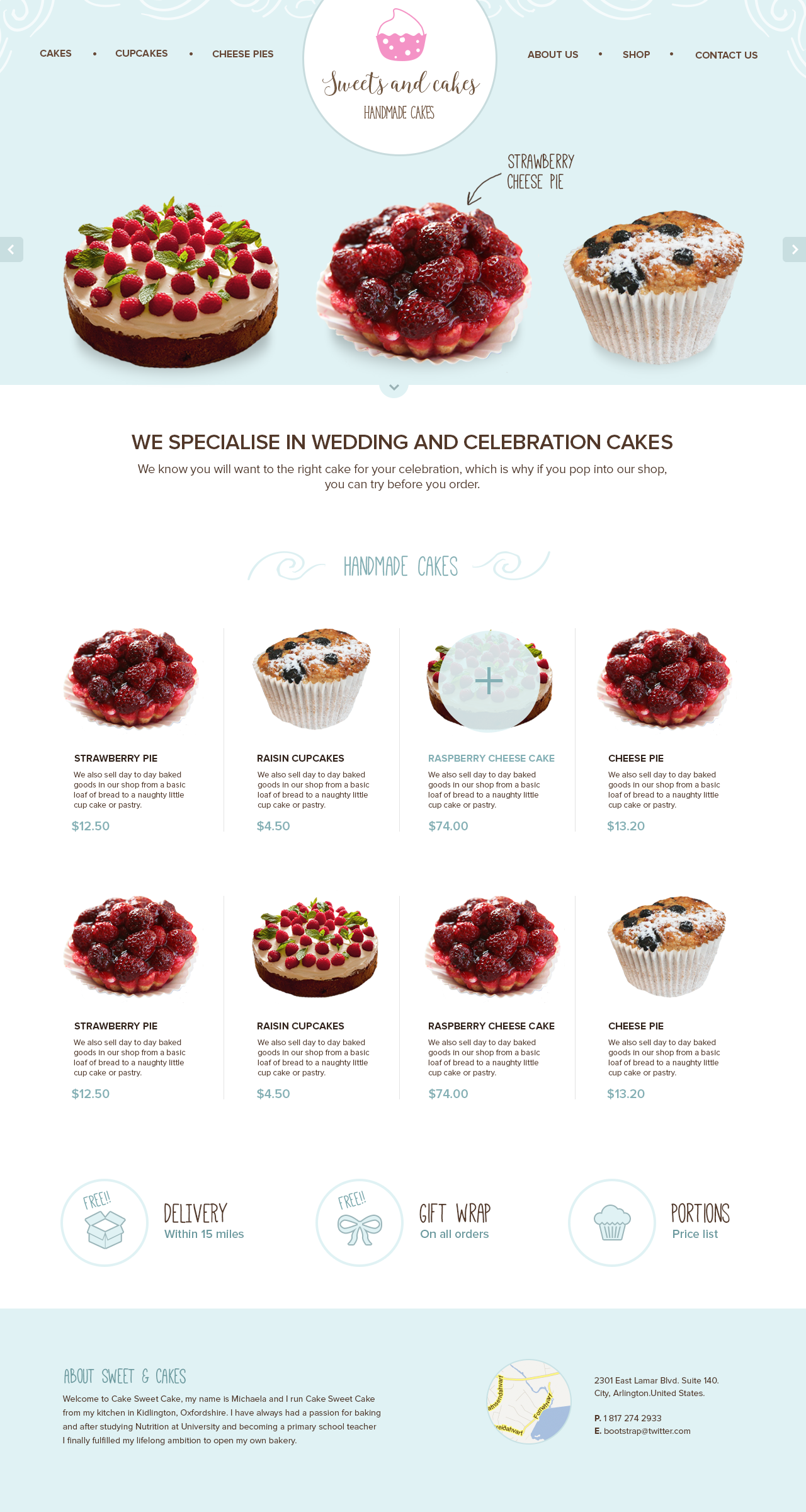 Photo of a bakery website homepage showcasing various cakes including strawberry cheesecake, berry muffin, lemon cupcake, and raspberry cheese cake. The page features a logo with a pink cupcake illustration, navigation links, and a section promoting 