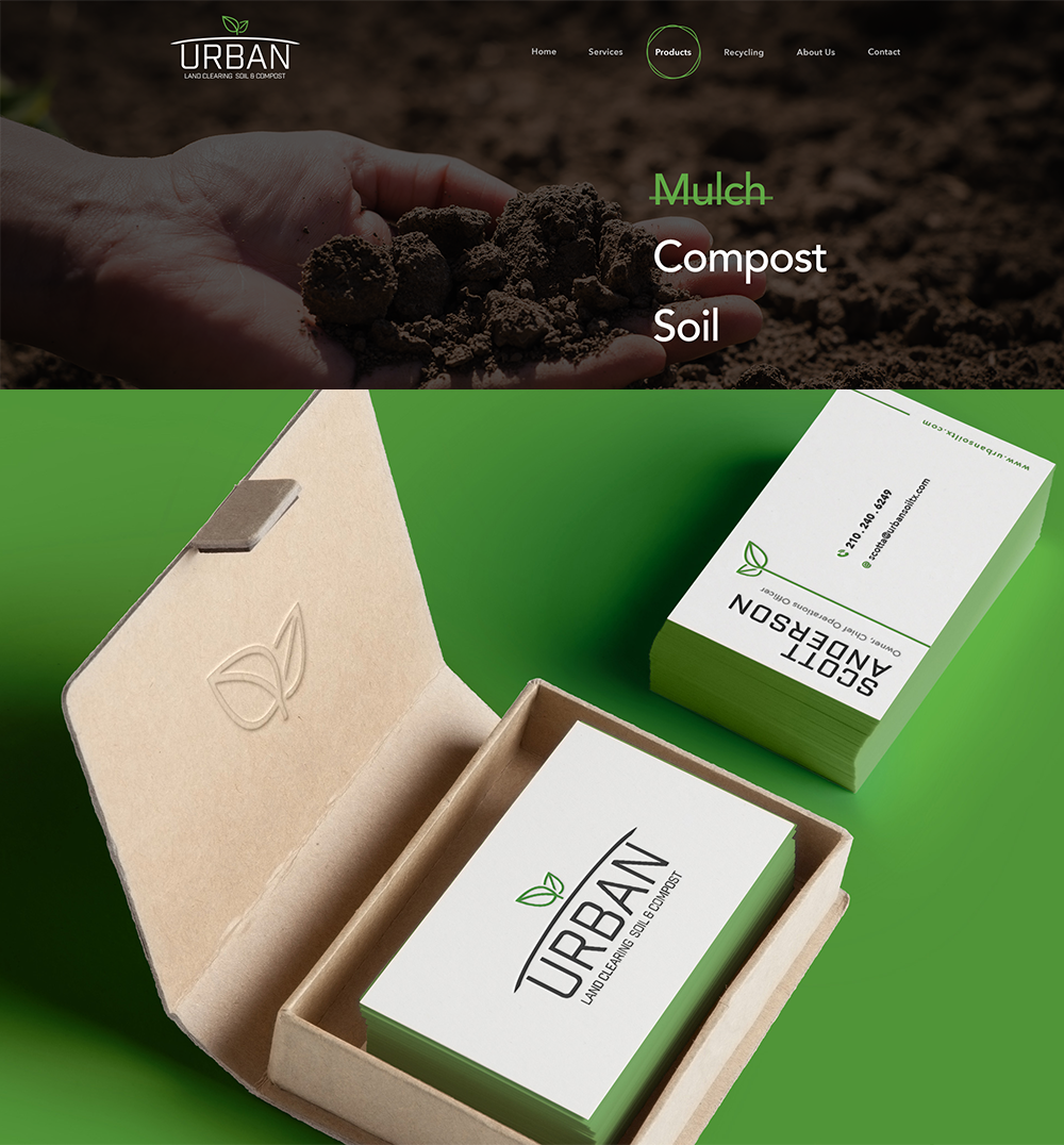 Close-up of a hand holding soil and mulch in a garden setting, with a website screenshot showing mulch, compost, and soil products, and a business card for Urban Land Clearing Soil & Compost.