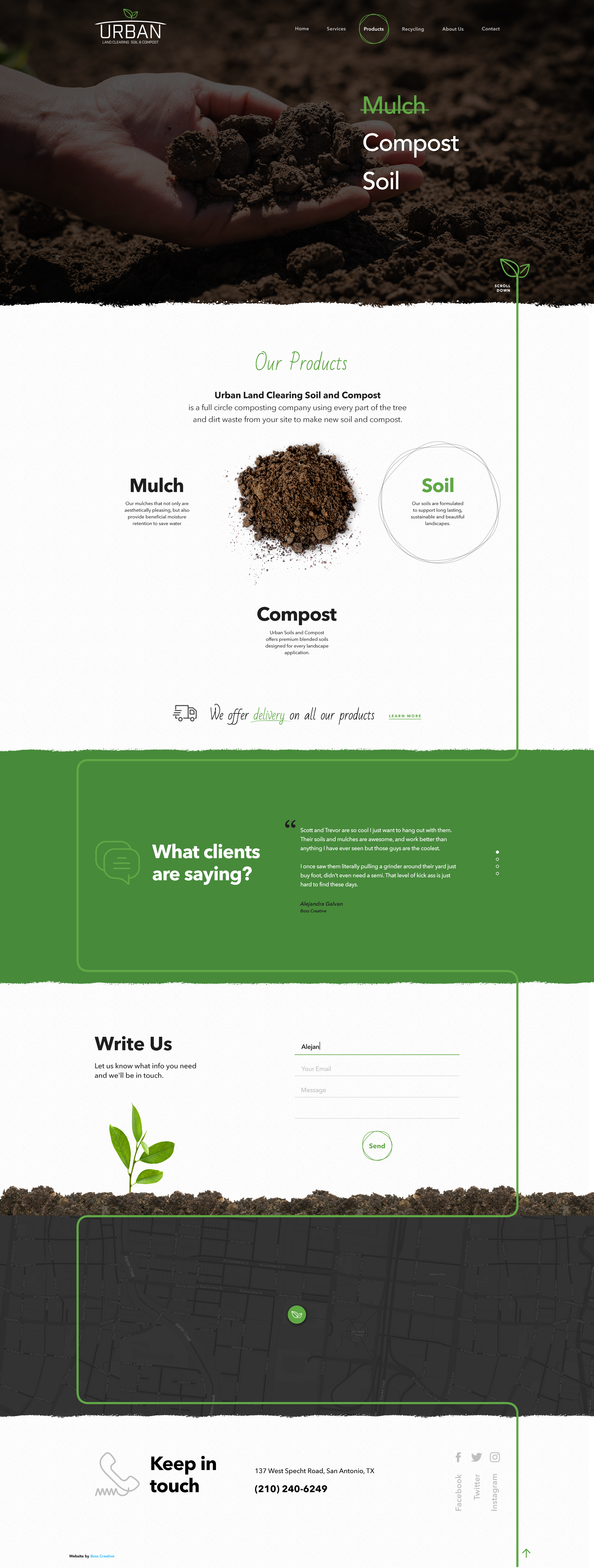 Webpage for Urban Land Clearing shows products mulch, compost, and soil with images of soil and a sprouting plant, contact info, and a map.