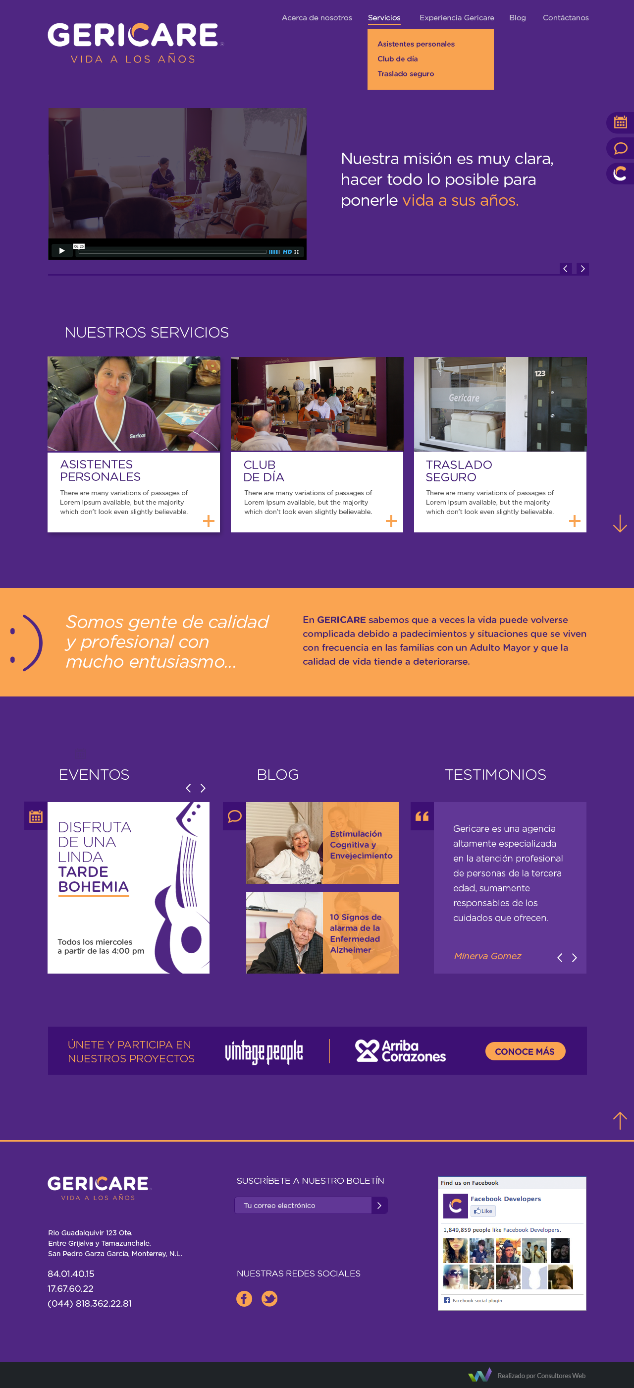 Homepage of GeriCARE, a senior care service website with a purple background and orange accents. It features an introductory video, information about services like personal assistants, day clubs, and secure transportation. There are sections for even