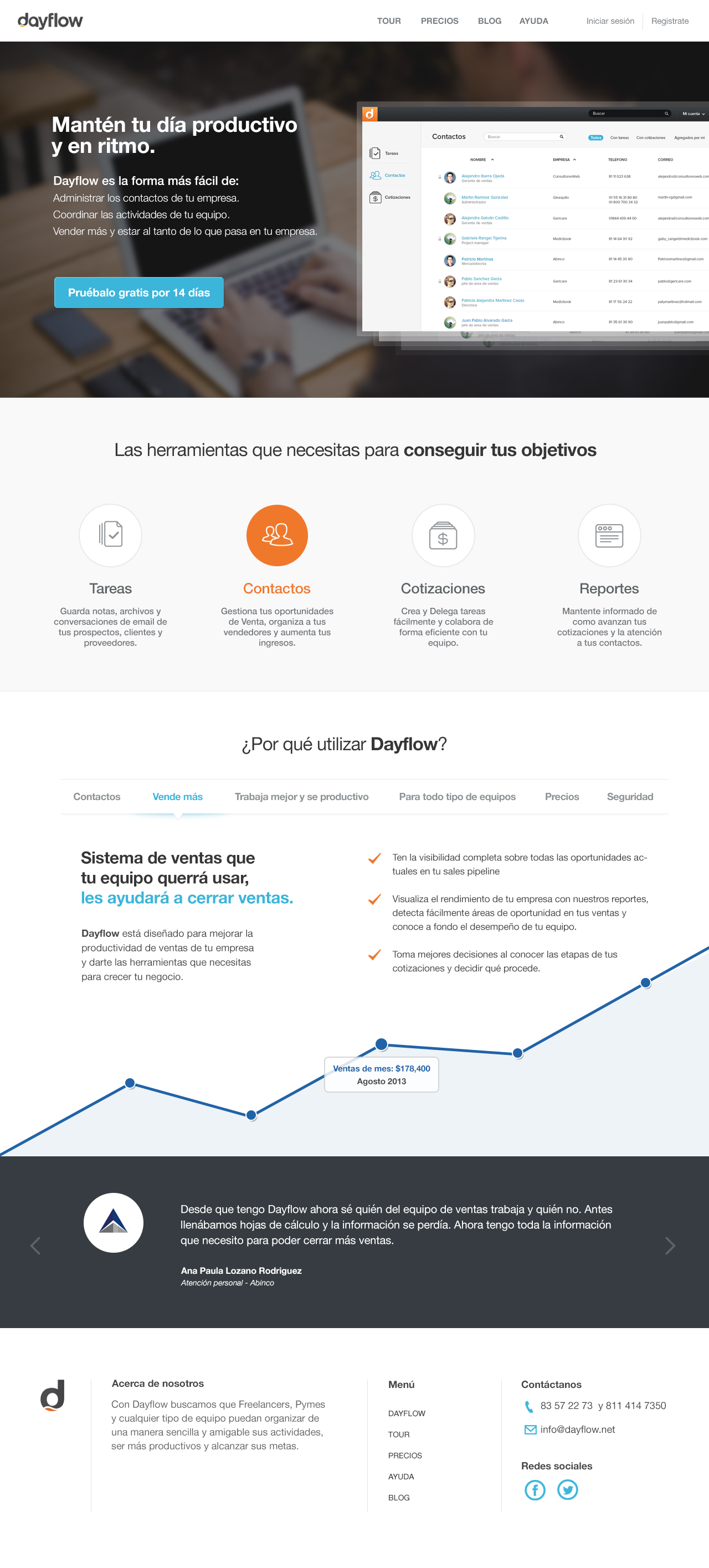 Screenshot of the Dayflow website homepage featuring a promotional message in Spanish, a navigation menu at the top, and a section highlighting tools like contacts, tasks, quotations, and reports for business management.