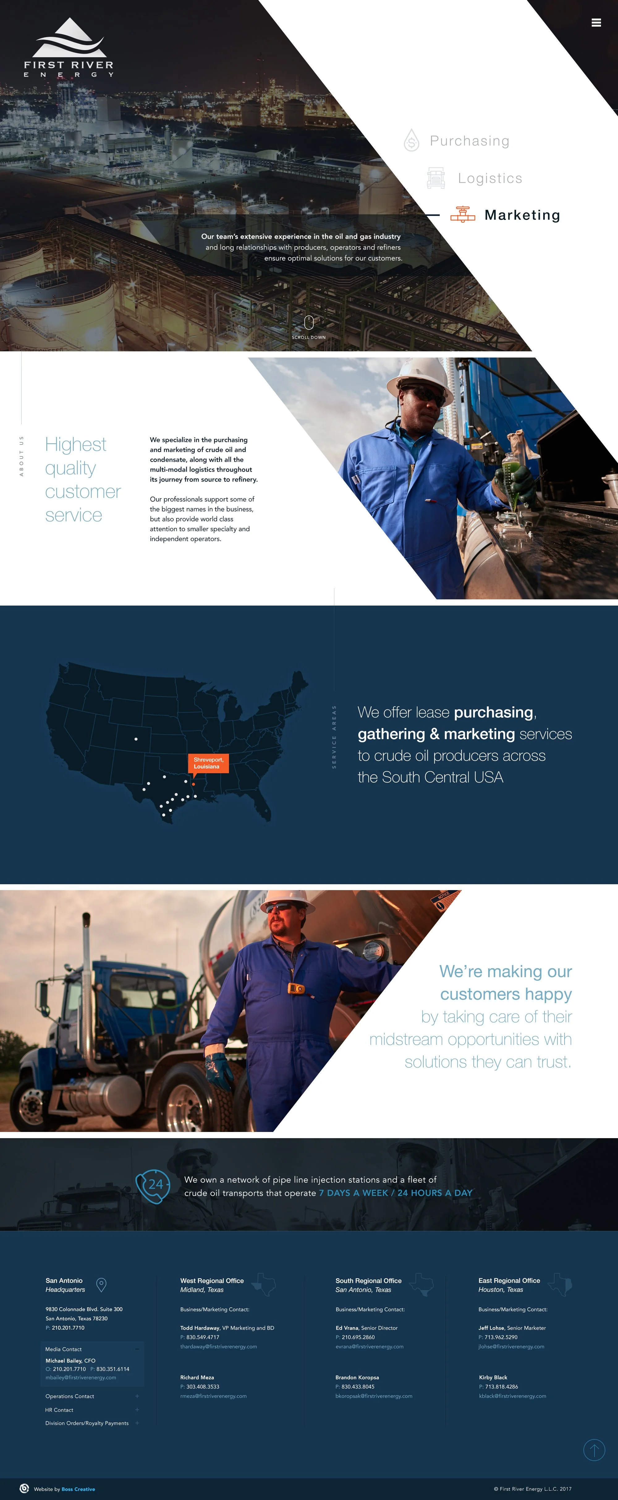 First River Energy website homepage showing oil industry imagery, navigation options for Purchasing, Logistics, and Marketing, a map highlighting service areas, and images of workers in an oilfield setting.