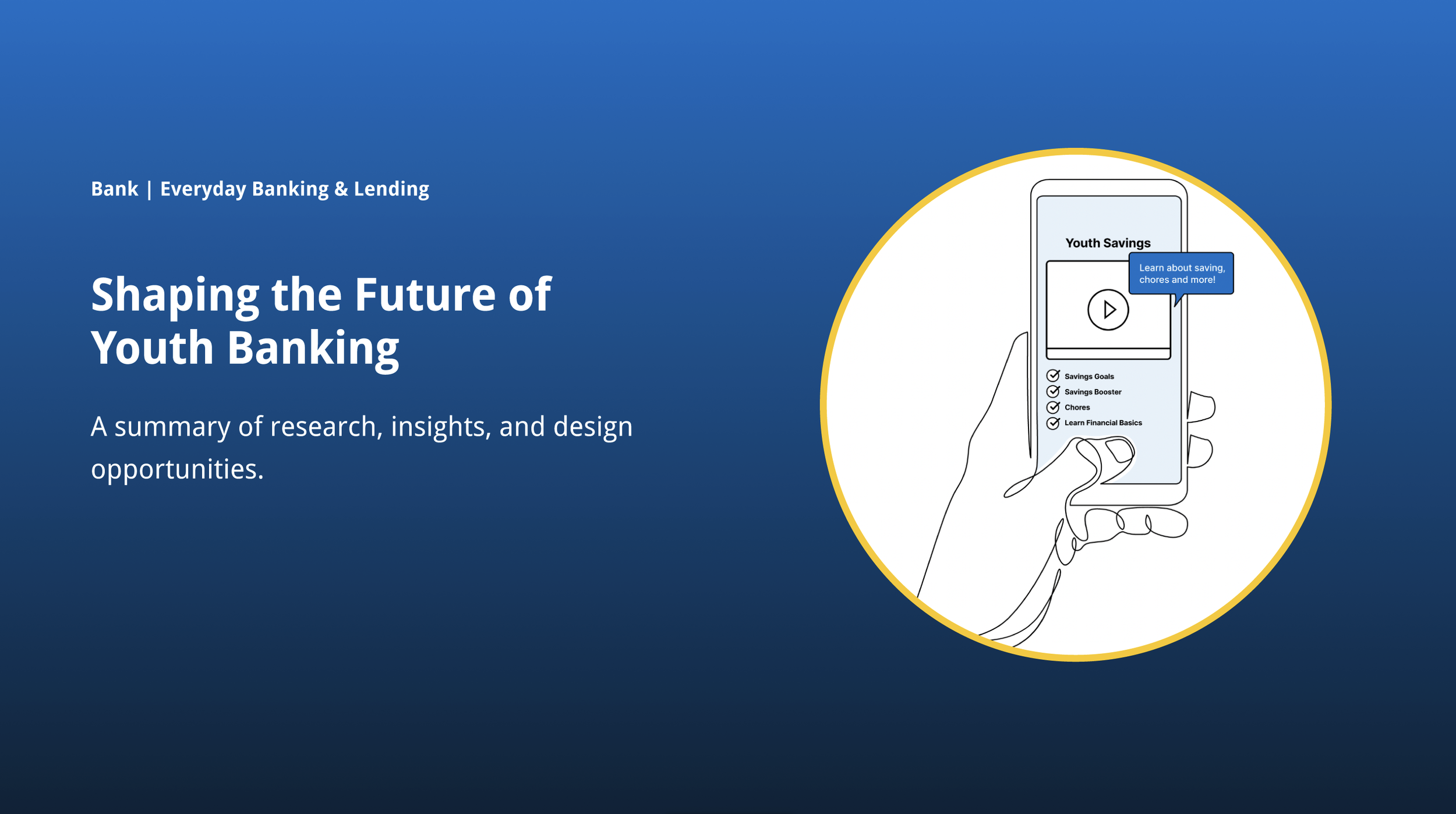 Title slide for a report on youth banking, showing a hand holding a smartphone with a list of budgeting goals and activities, within a yellow circle. The background is blue with white text.