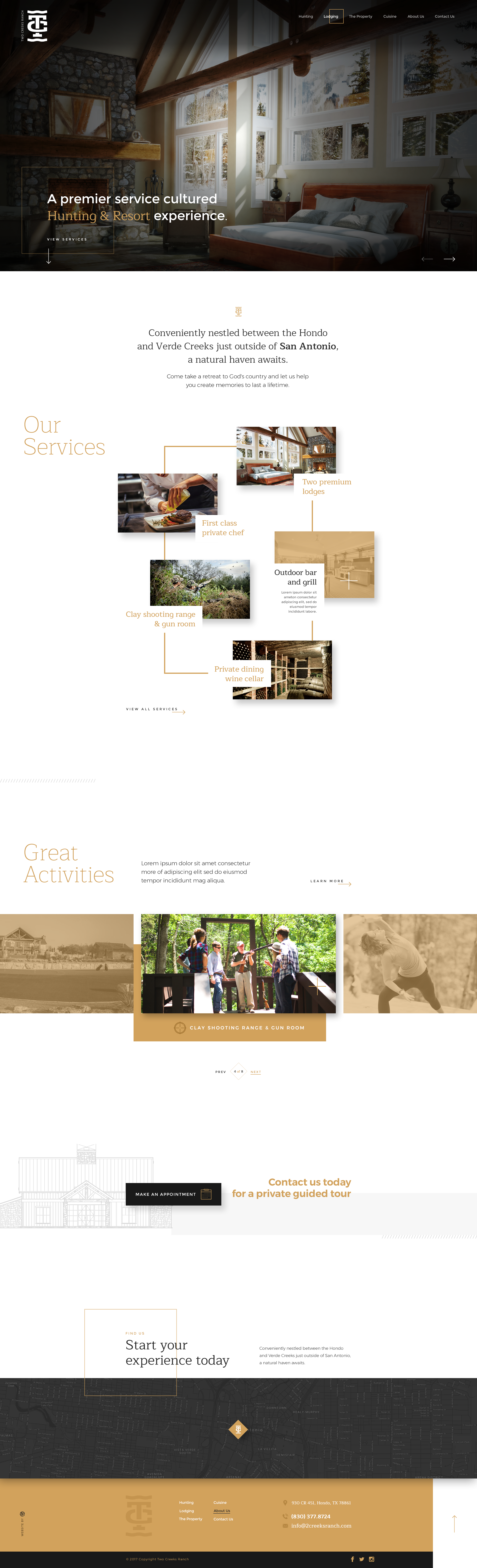 A website homepage for a hunting and resort experience, featuring a cozy bedroom with large windows and rustic decor, including wooden beams and a stone fireplace.