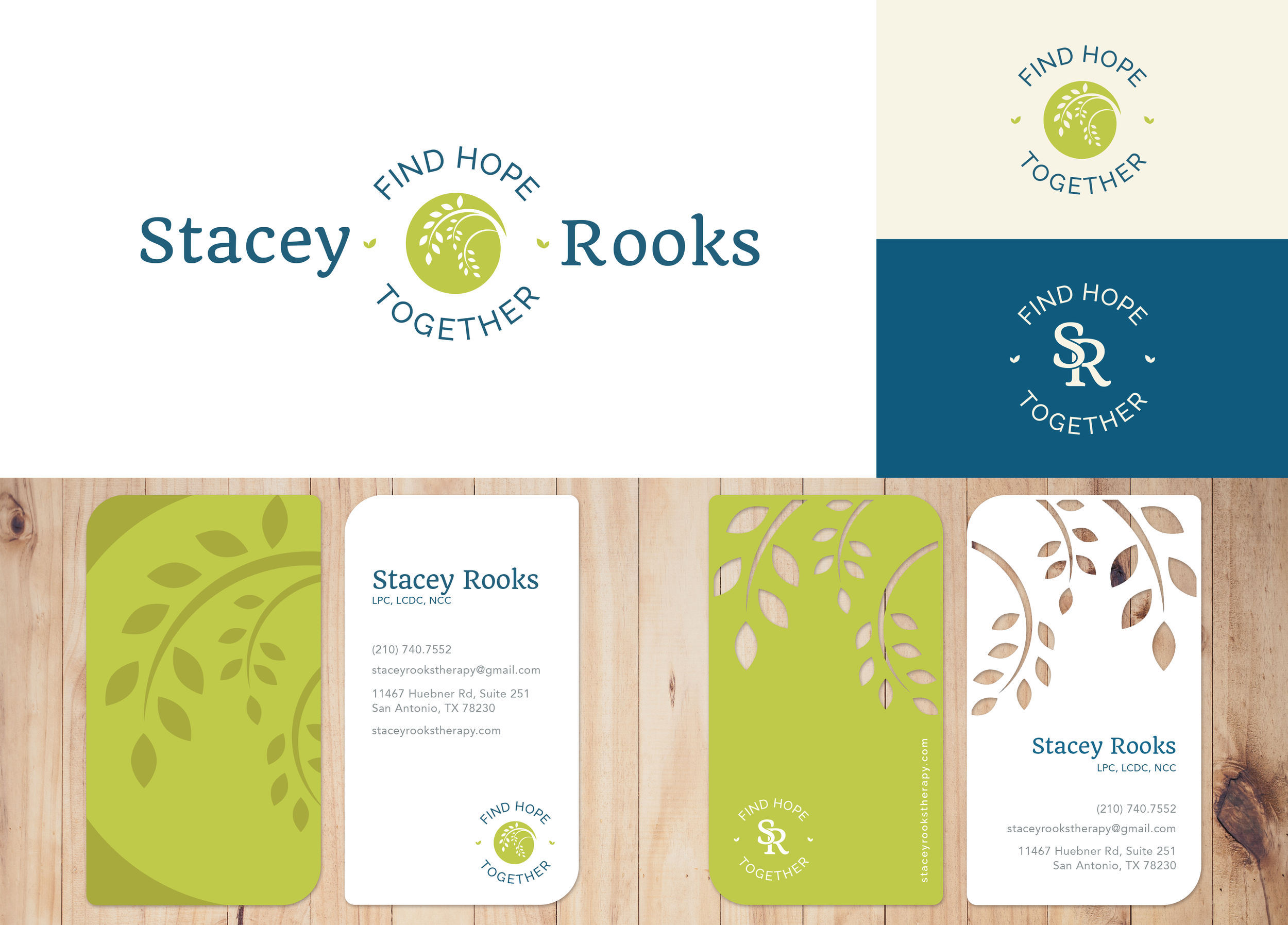 Business cards for Stacey Rooks, a therapist, featuring a green leaf design and the slogan 'Find Hope Together'.