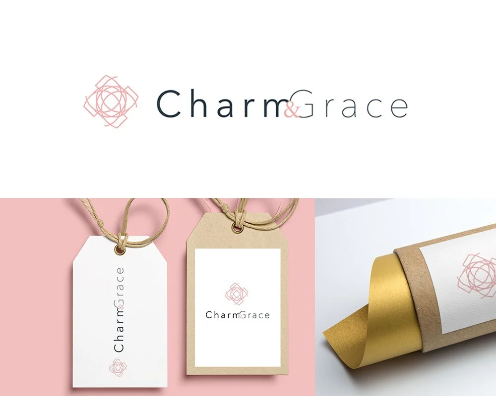 Logo with pink geometric design and text 'Charm&Grace' in black and pink, two gift tags with string, one white and one tan, featuring the logo and brand name, and a rolled gift wrapping with gold paper and a paper label with the pink geometric design.