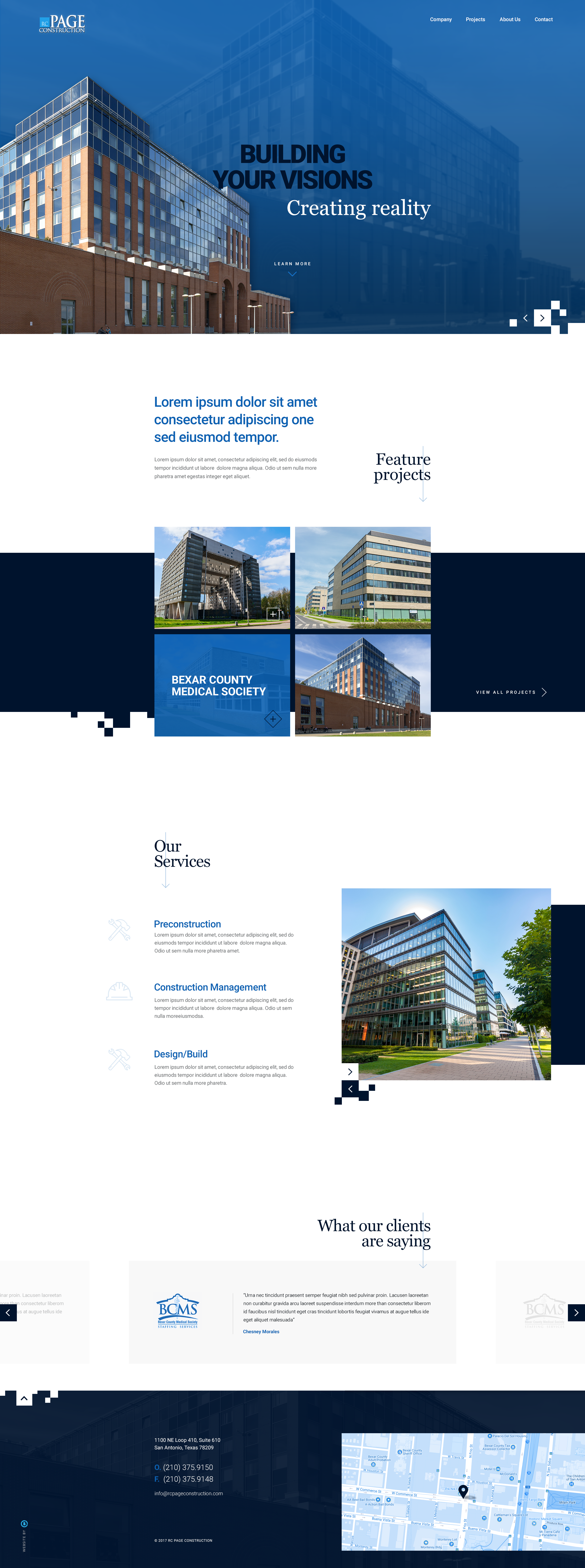 Homepage of a construction company's website featuring images of modern office buildings, project highlights, and client testimonials.