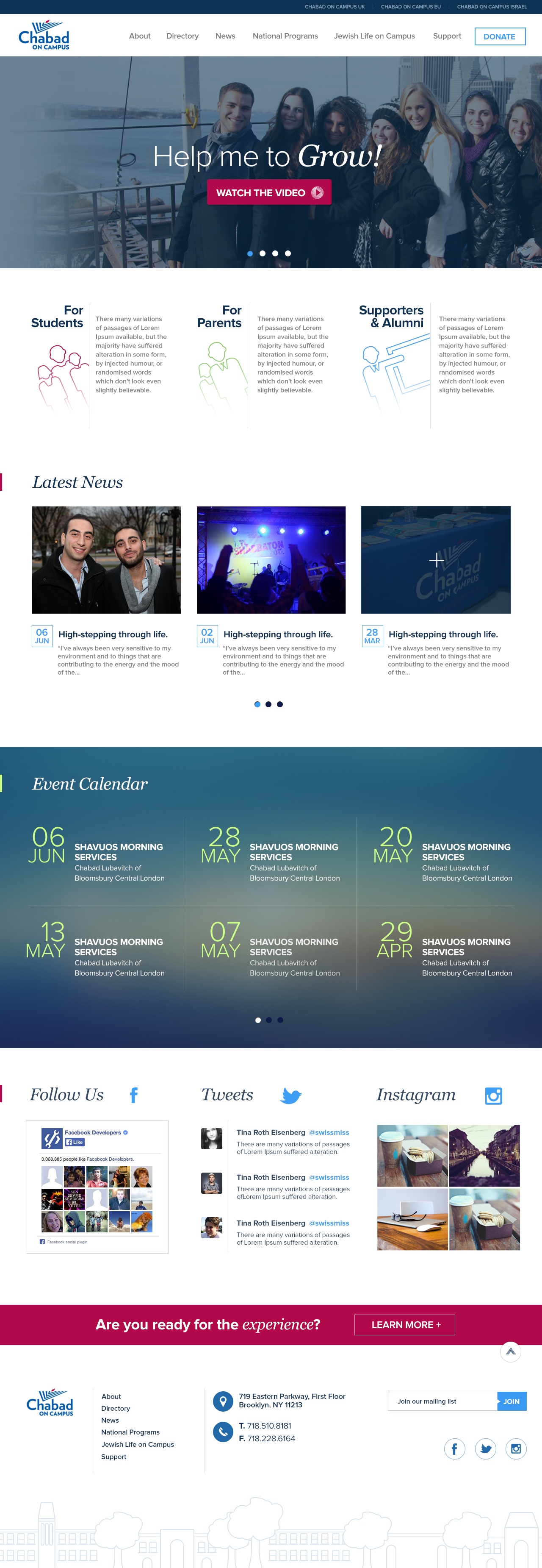 Website homepage for Chabad on Campus, featuring a group of young people smiling on a rooftop with city skyline in the background. Includes sections for About, Directory, News, National Programs, Jewish Life on Campus, Support, a donation button, and