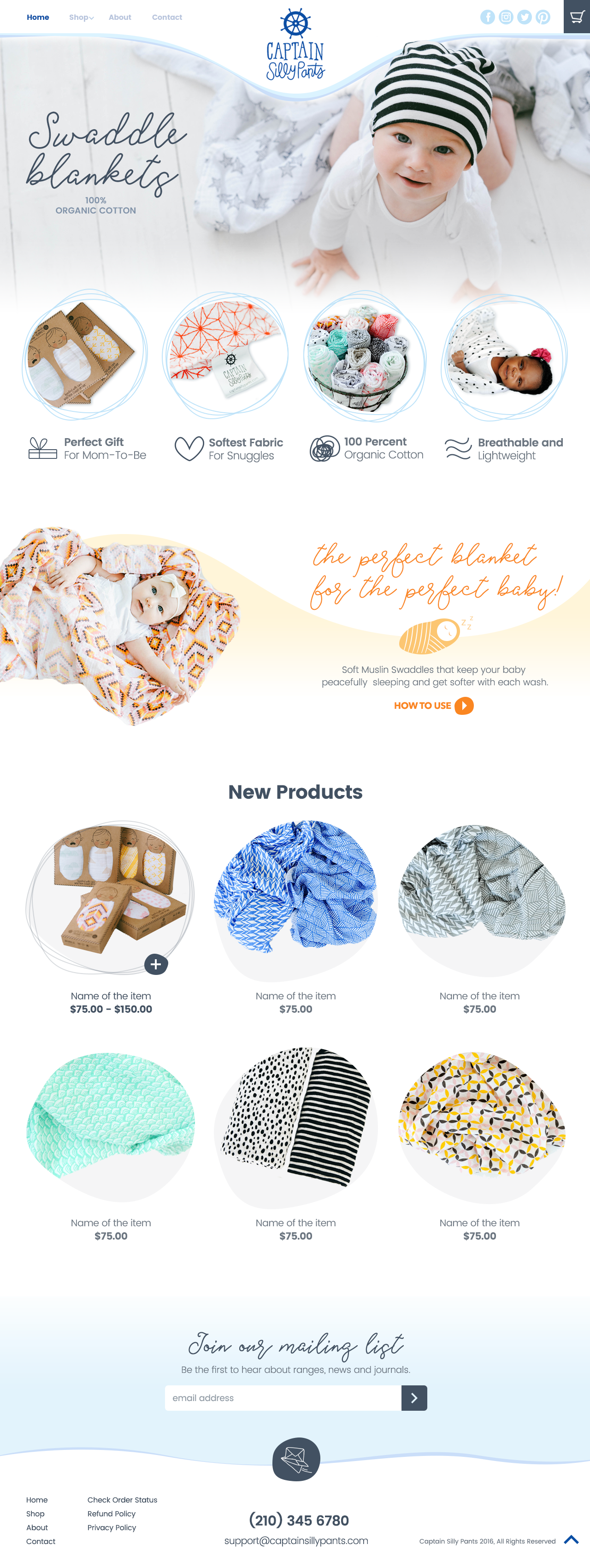 Website homepage for Captain Silly Pants, featuring baby swaddle blankets made of organic cotton. The page shows a baby wearing a striped hat, images of swaddle blankets, and new product listings with prices. Navigation links and contact info are als