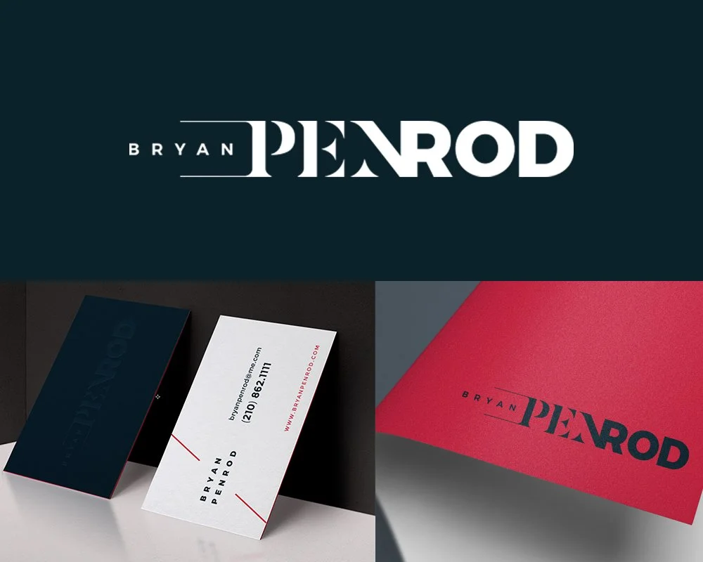 The image displays branding and logo designs for Bryan Penrod, including a logo with his name and business cards with contact information and a red and black color scheme.