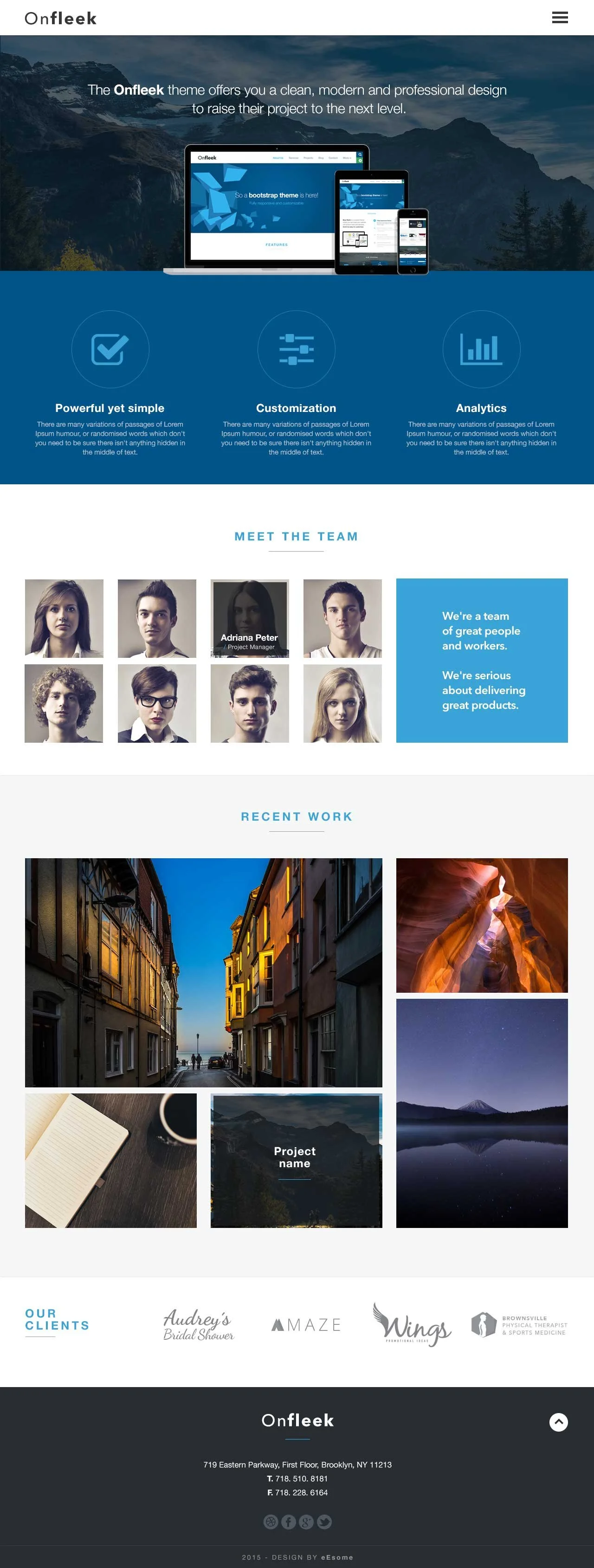 A screenshot of a modern, professional website homepage for Onfleek, showcasing a clean design. The page features a hero section with images of various devices displaying a Bootstrap theme, a section highlighting features like simplicity, customizati