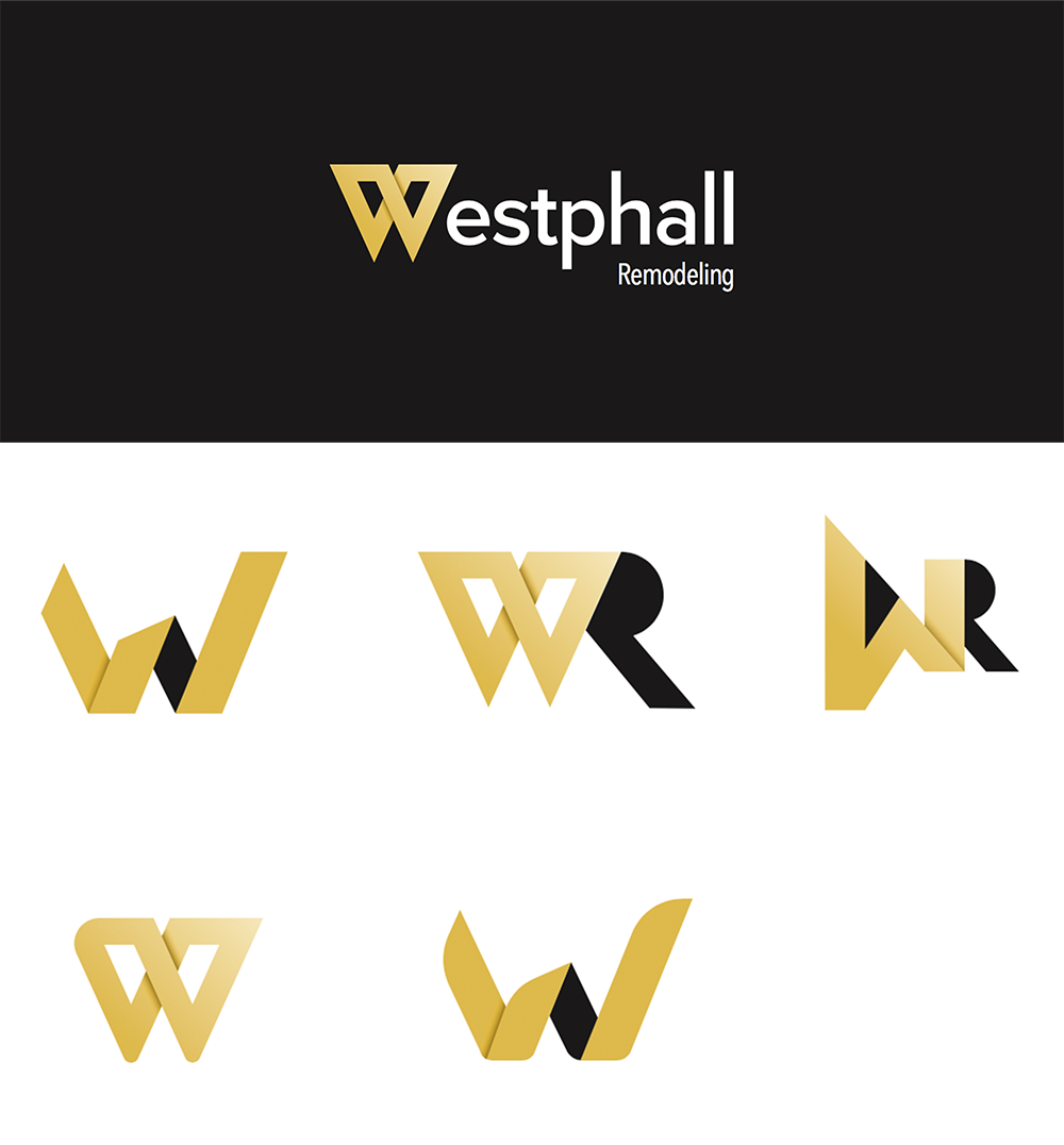 Logo for Westphall Remodeling, featuring a black and gold color scheme with stylized 'W' and 'R' initials in various design variations.