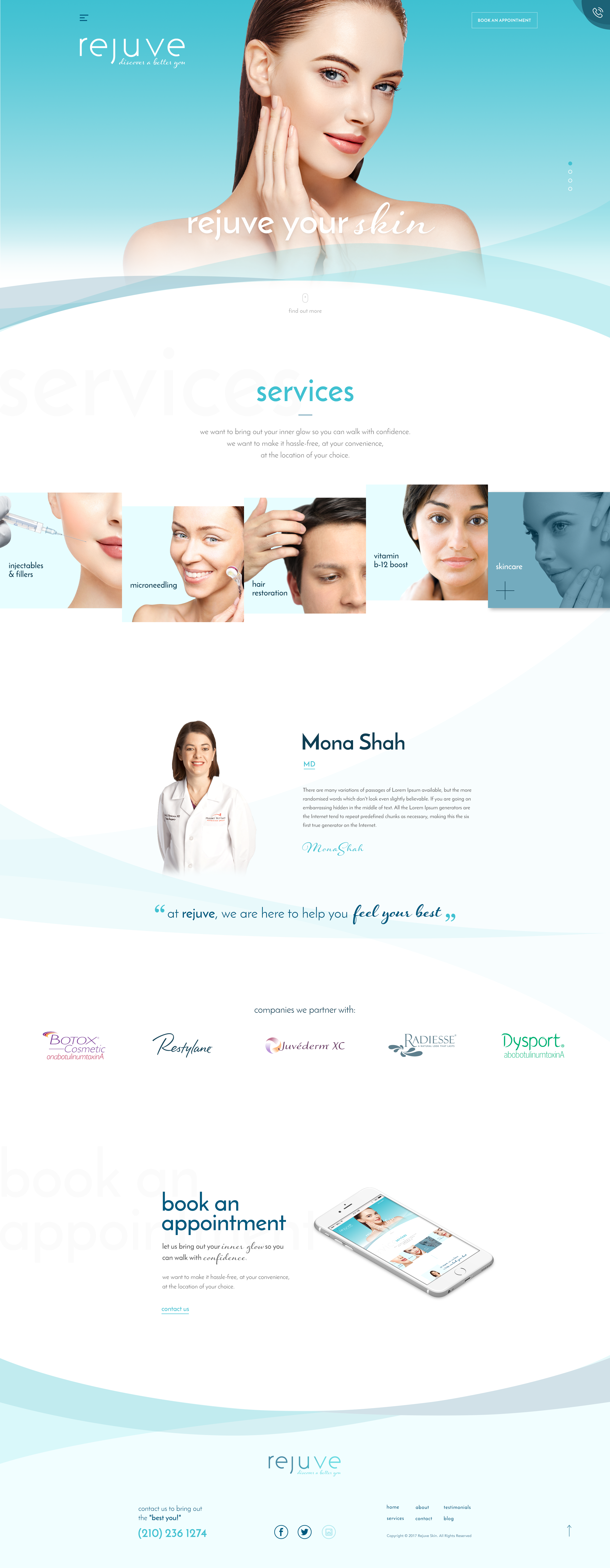 Homepage of a skincare and aesthetic clinic called 'Rejuve' featuring a smiling woman with clear skin at the top, services including injectables, microneedling, hair restoration, vitamin B12 boost, and skincare, and an image of a female doctor. The p