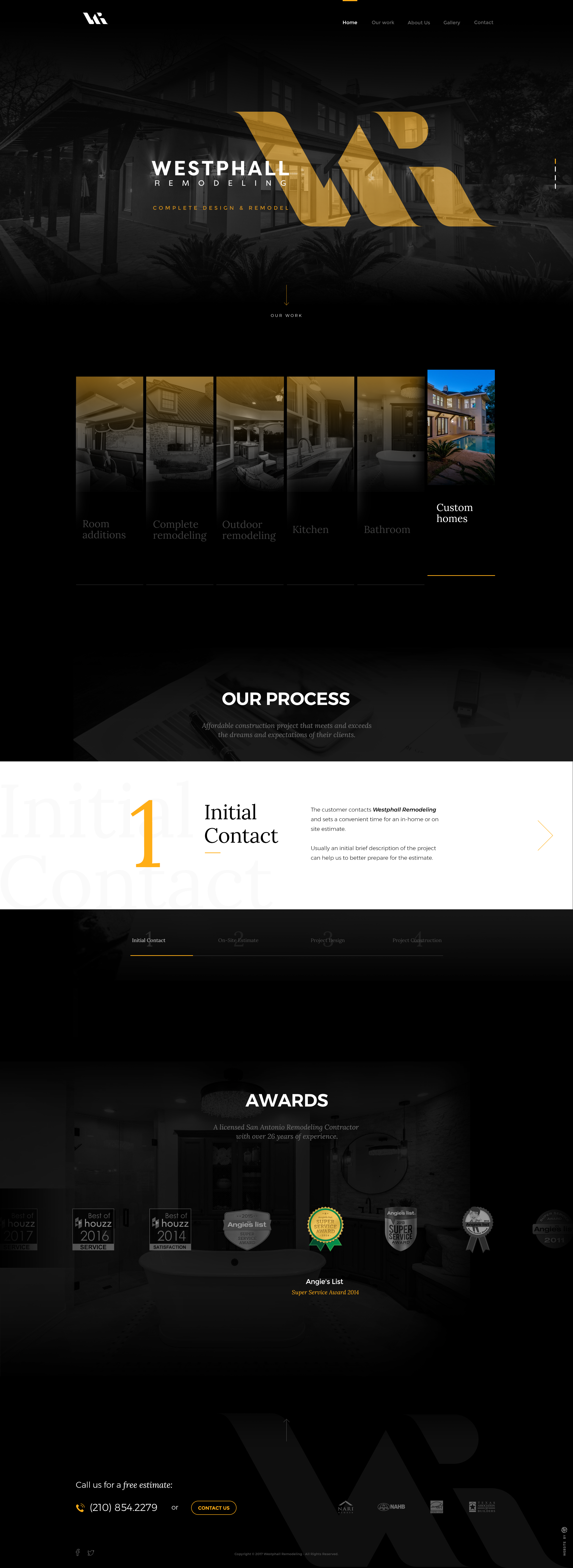Webpage homepage layout for Westphall Remodeling, featuring a black and gold color scheme, large logo, navigation menu, photo gallery of remodeling projects, sections about process and awards, and contact information.
