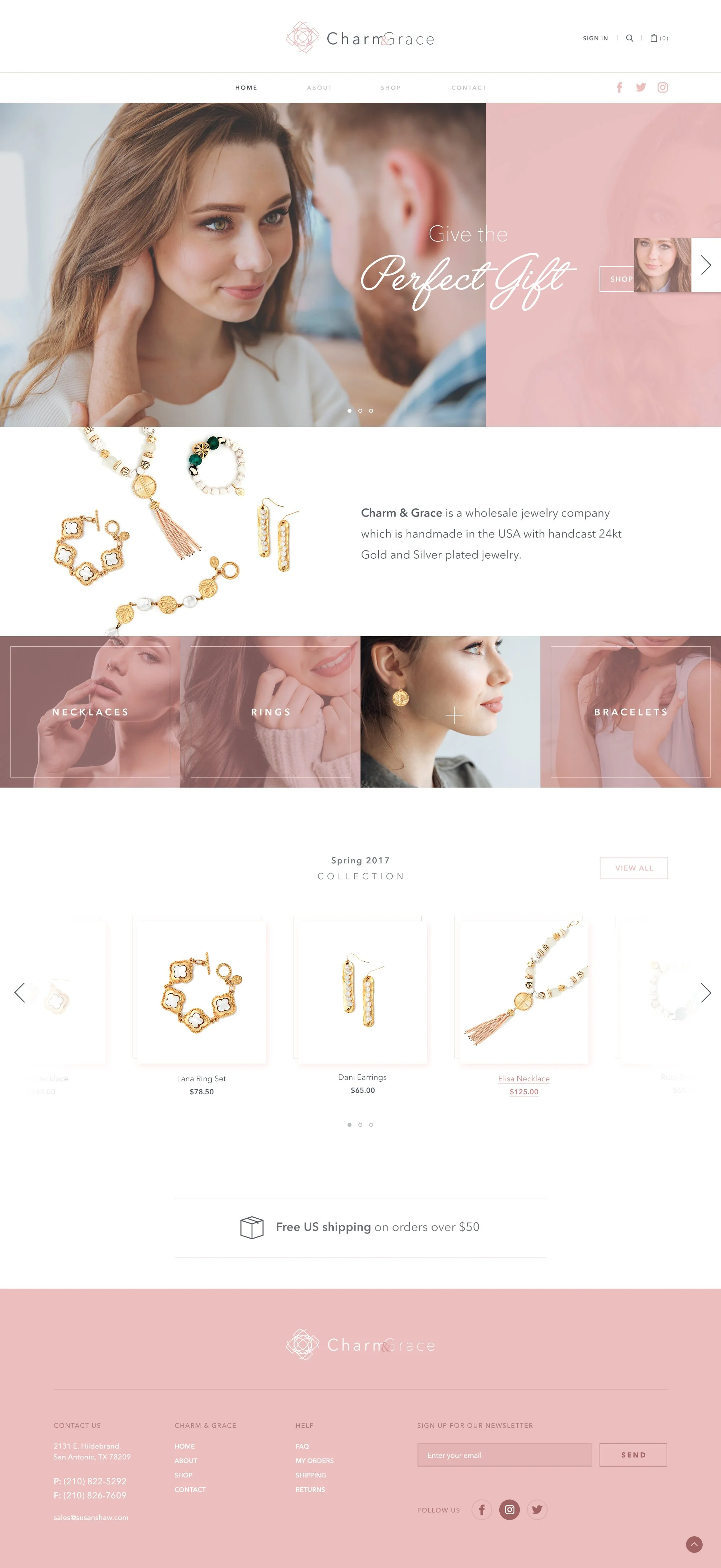 A jewelry website homepage featuring a banner with a woman and a man, and jewelry pieces including rings, earrings, necklaces, and bracelets, with sections for collections and product listings.
