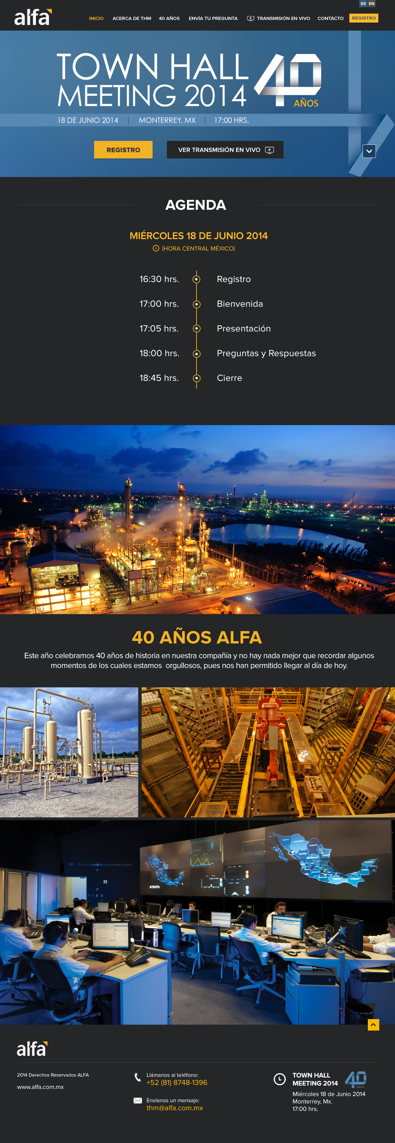 Official announcement for the 2014 Alfa Town Hall Meeting, showing the agenda, event date, time, location in Monterrey, Mexico, a nighttime industrial cityscape, and images of industrial facilities and operations.