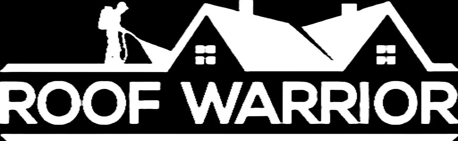 Silhouette of a person standing on rooftops with various pitched roofs, above the words "Roof Warrior" in bold letters.