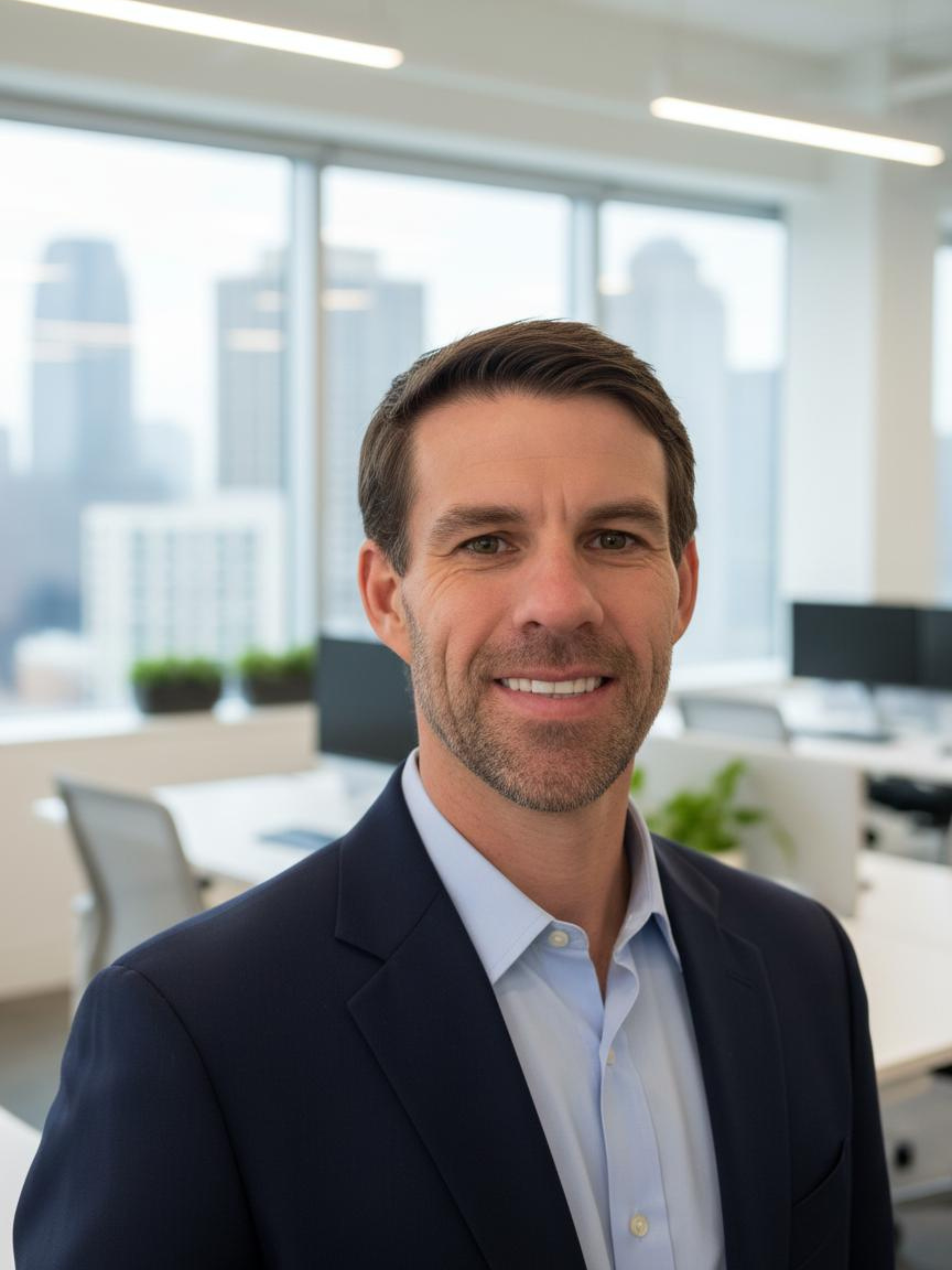A professional man with dark hair and a beard, wearing a navy suit and light blue dress shirt, smiling in an office with large windows and city skyline view in the background.