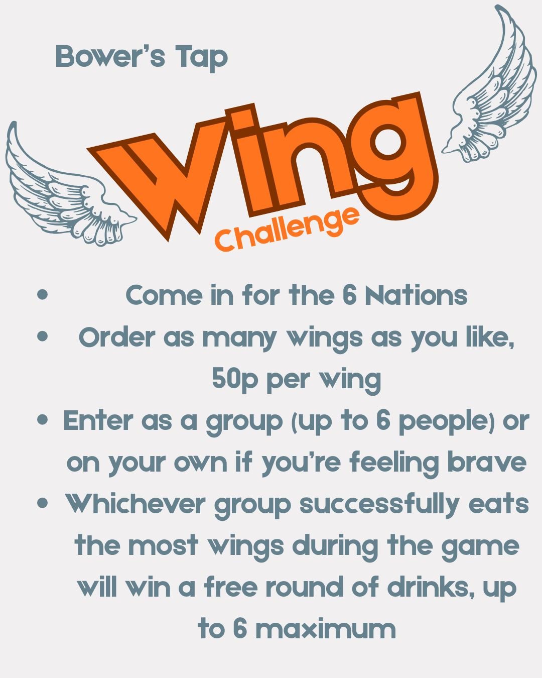 Flyer for Bower's Tap wing challenge with wing illustrations and instructions for ordering and group participation, offering a free round of drinks for the group that eats the most wings.