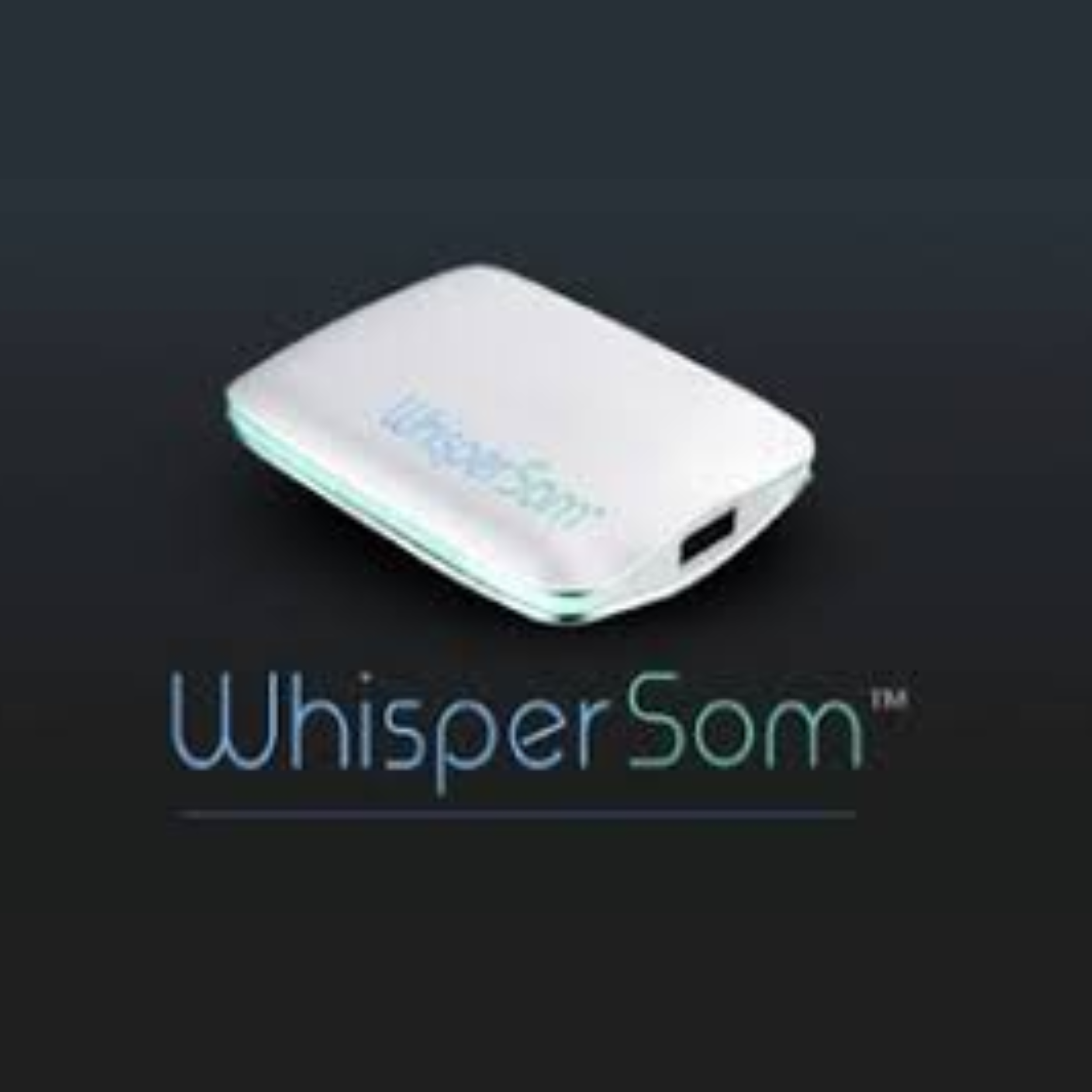 A small, portable device named WhisperSom with a sleek white design and a black side port, displayed on a dark background with the product name below.