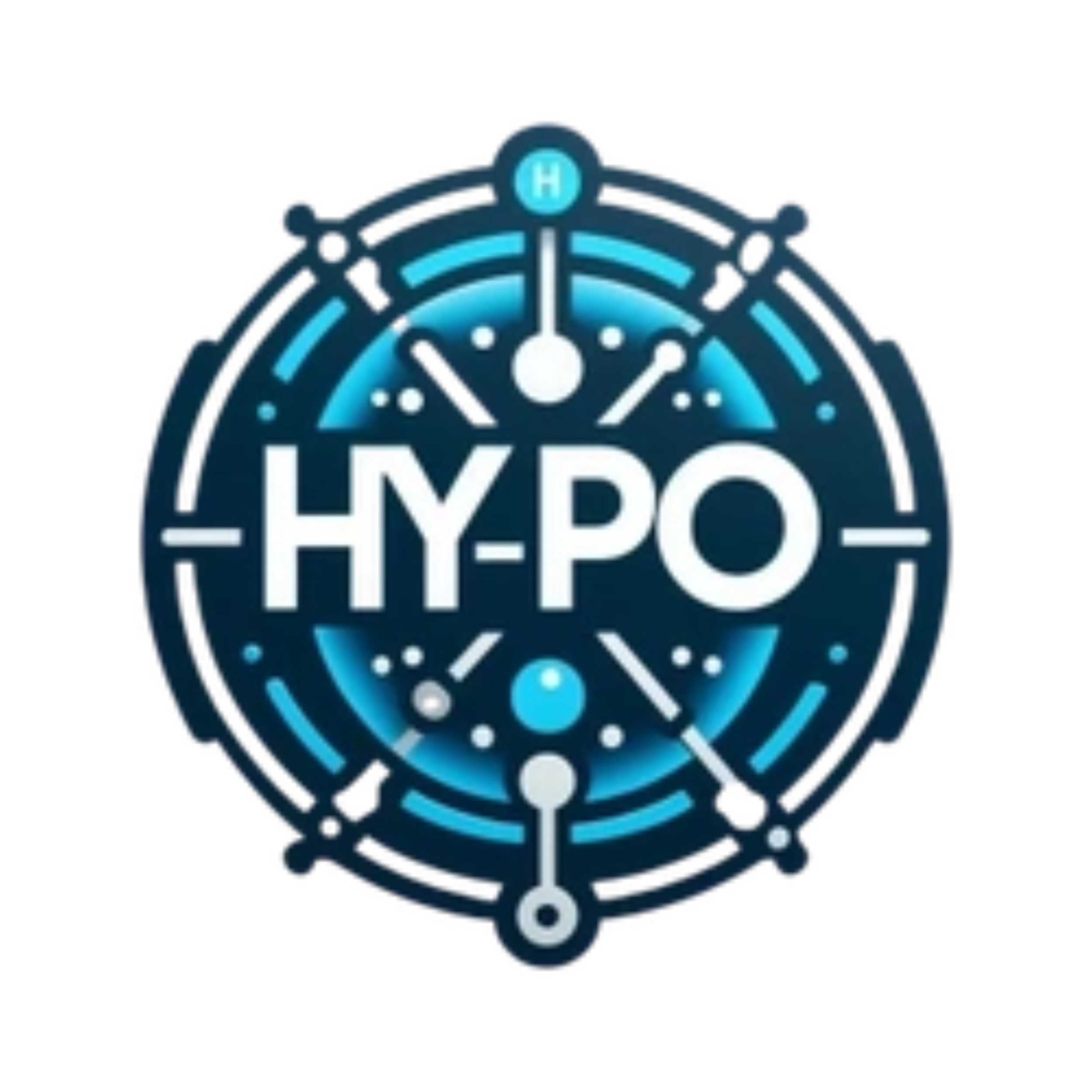 Futuristic circular logo with the word 'HYPO' in the center, surrounded by abstract lines and dots in shades of blue, resembling a digital or technological theme.