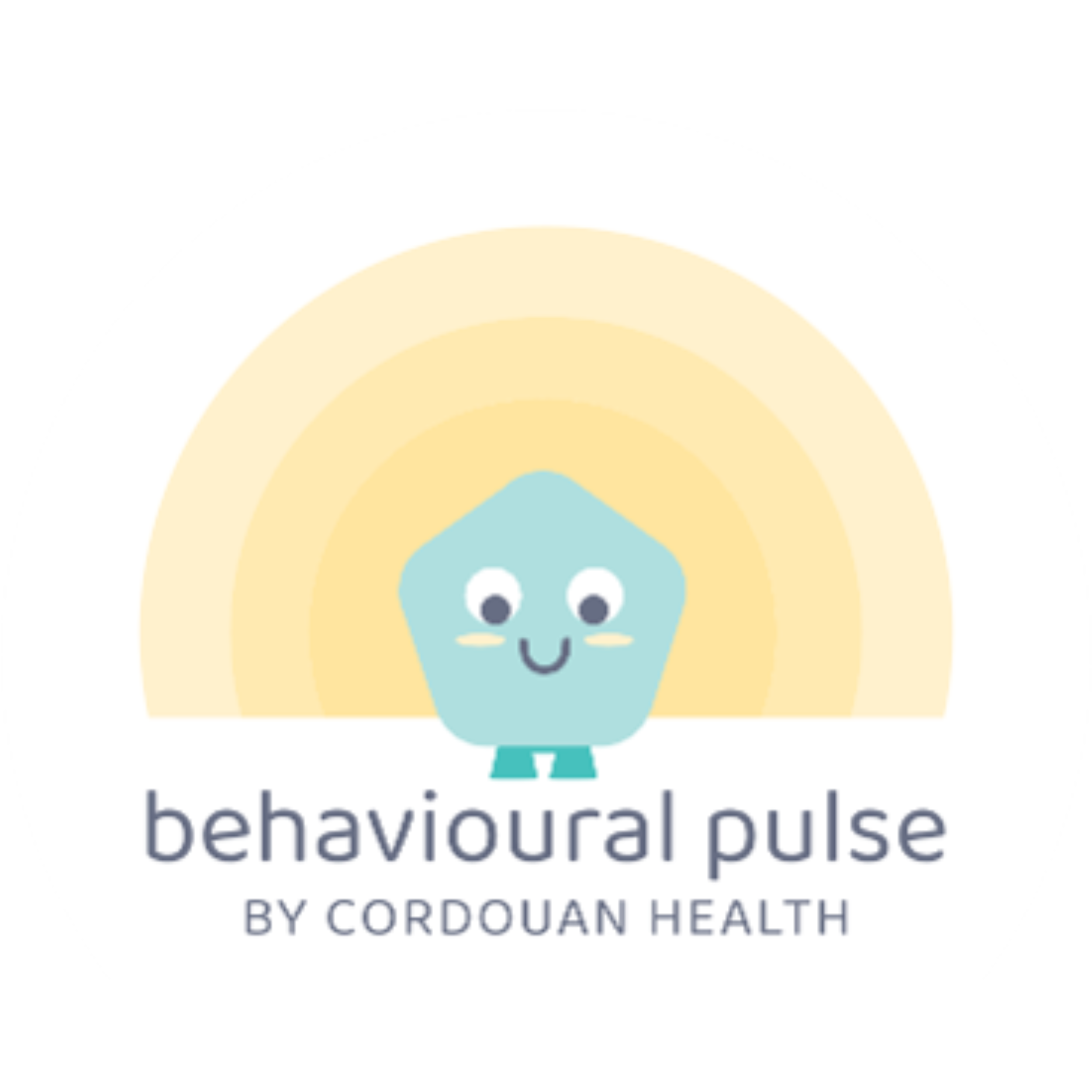 Logo for Behavioural Pulse by Cordouan Health featuring a smiling blue mascot with a rainbow in the background.