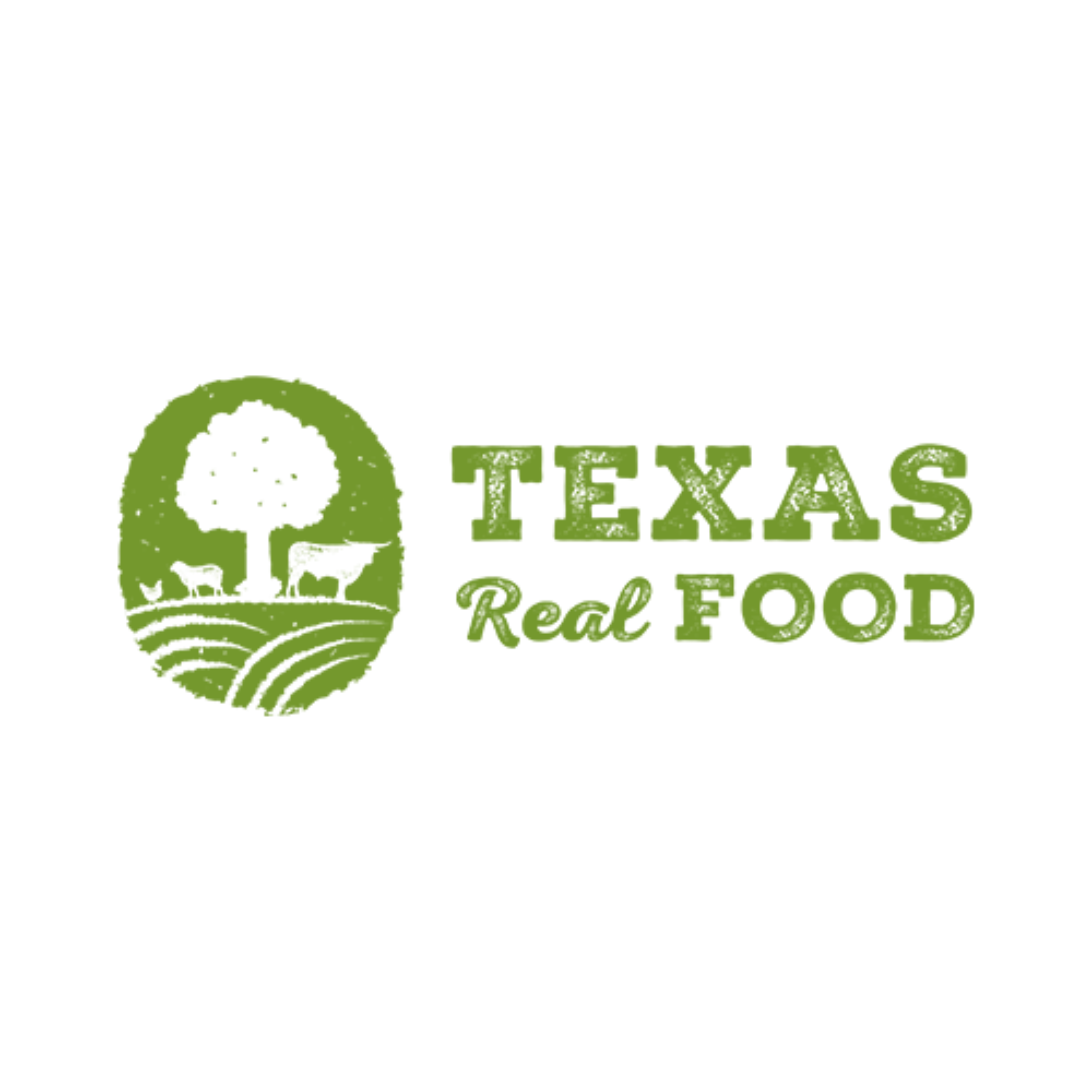 Logo for Texas Real Food featuring a green tree, cows, and a farm landscape