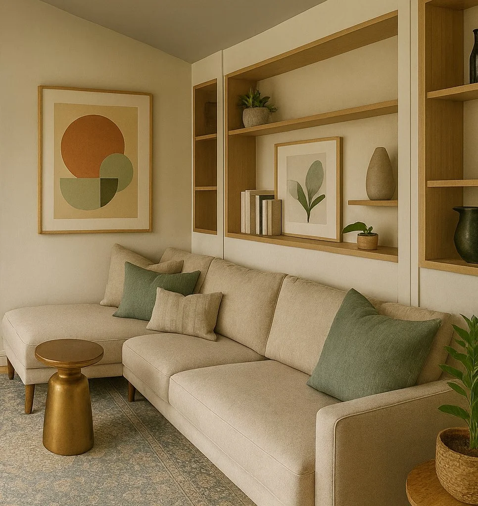 A living room with a beige sofa and green pillows, a small gold side table, a patterned rug, a framed abstract artwork on the wall, and open wooden shelves with potted plants and decorative items.