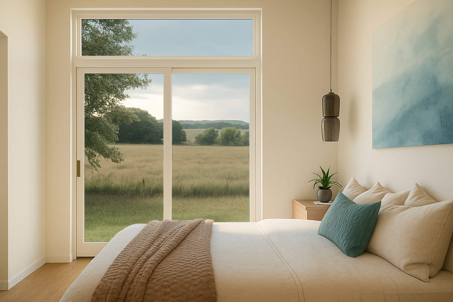 A bedroom with a large window showing a scenic view of green fields and trees outside. The bed has a light-colored bedspread, a teal pillow, and a brown blanket. A small wooden nightstand holds a potted plant. A blue abstract painting hangs on the wall, and a hanging light fixture is above the bed.