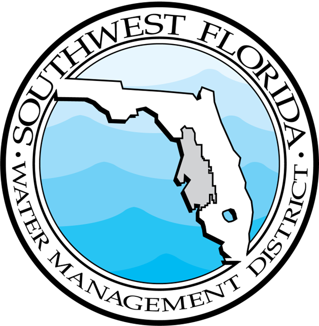 Seal of the Southwest Florida Water Management District, featuring an outline of Florida over a blue water background, with text around the border reading 'Southwest Florida Water Management District'.