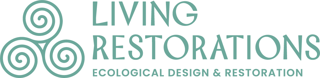 Logo for Living Restorations, featuring three concentric spirals to the left and the text 'LIVING RESTORATIONS' above 'ECOLOGICAL DESIGN & RESTORATION'.