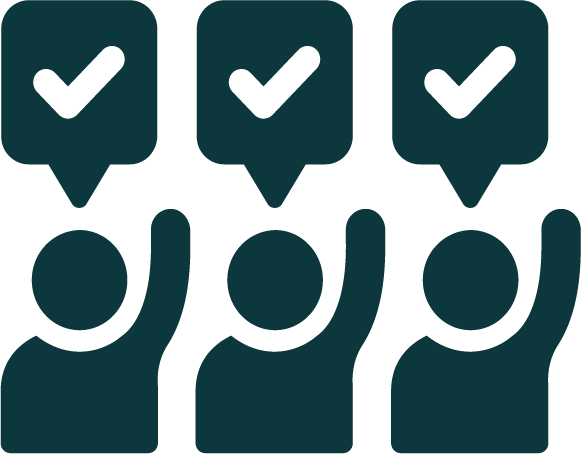 Three people raising their hands with speech bubbles containing checkmarks above each person.